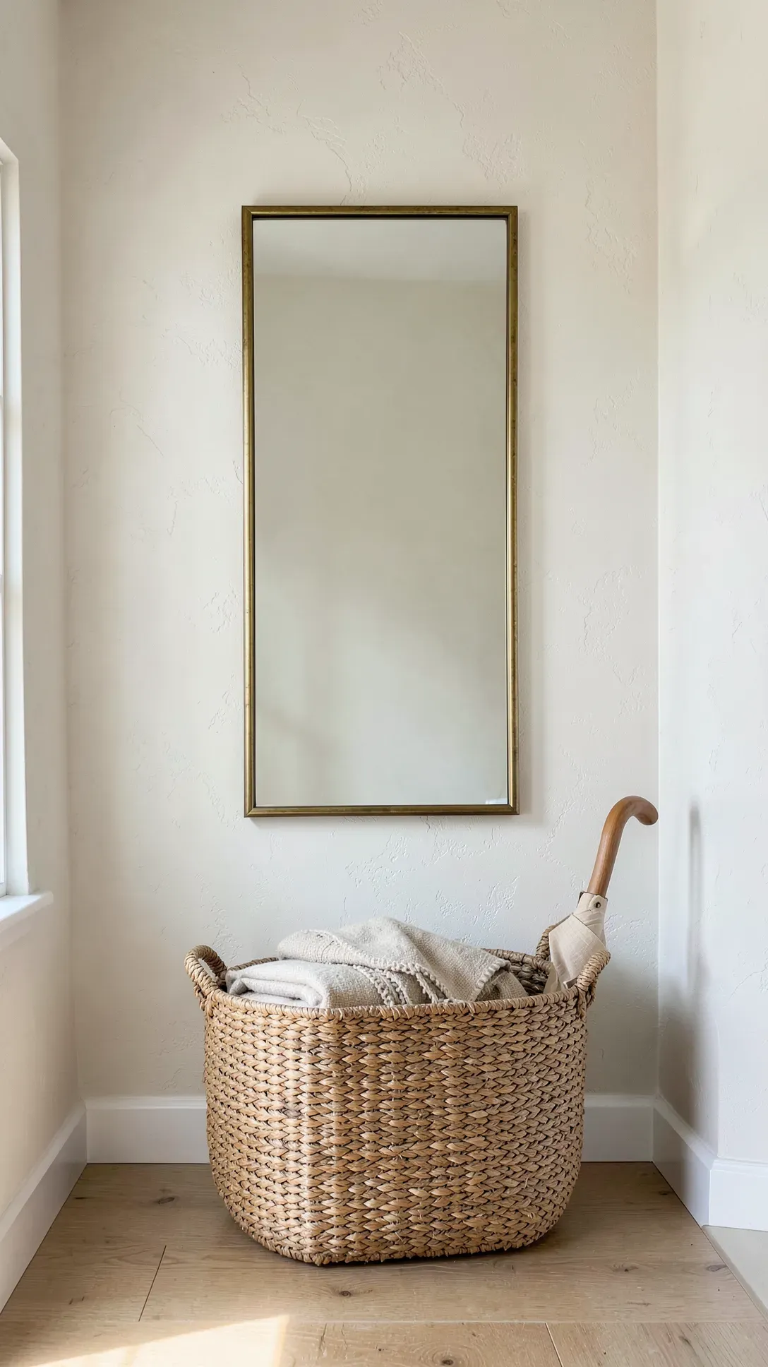 A rectangular brass mirror hangs above a woven basket in a bright, modern entryway.