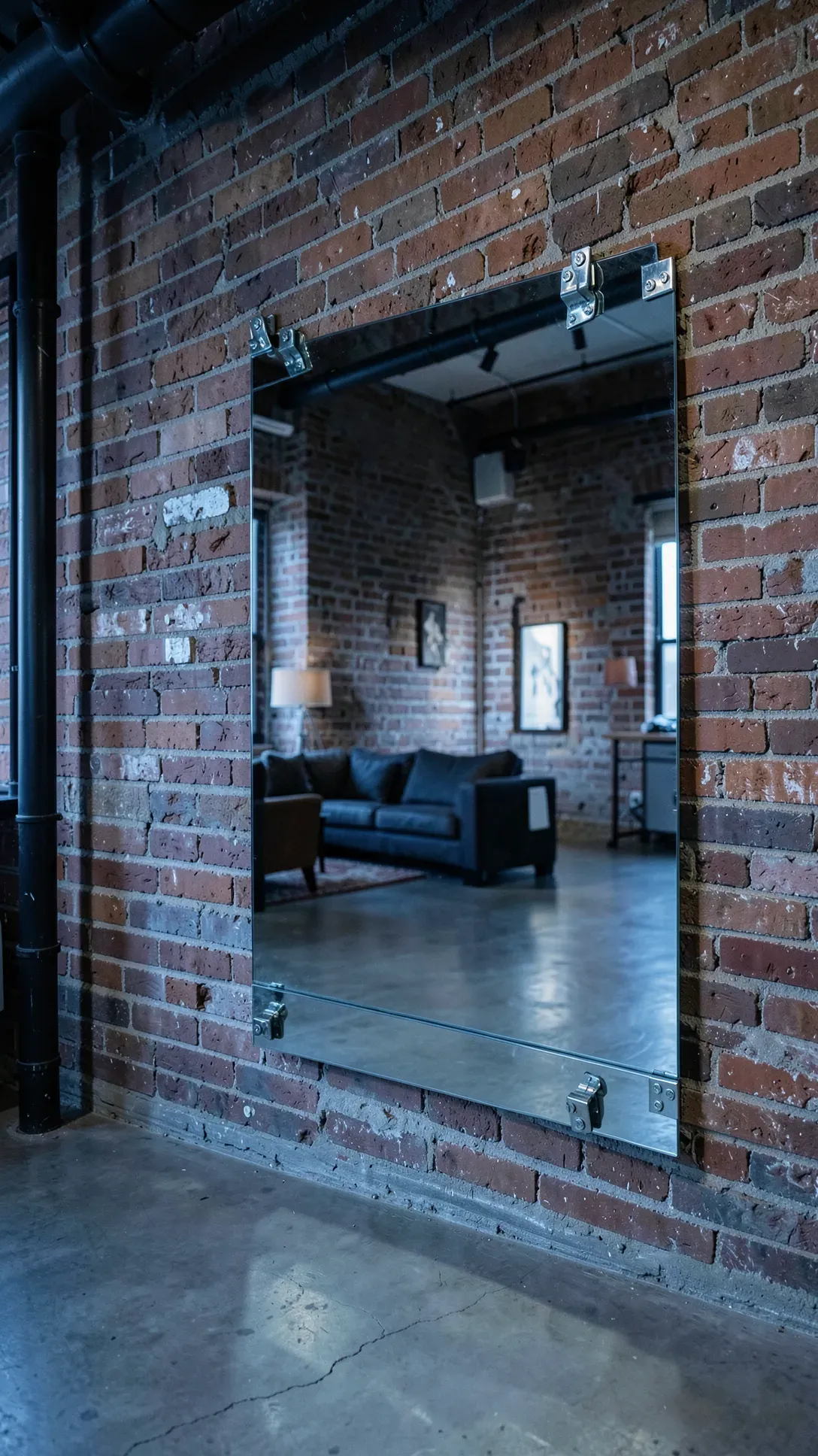 A frameless rectangular mirror with metal clips mounted on an exposed brick wall in a loft.