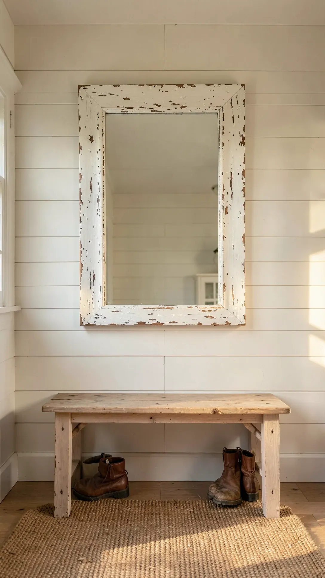 A mirror with a distressed white frame hangs above a wooden bench in a farmhouse entryway.