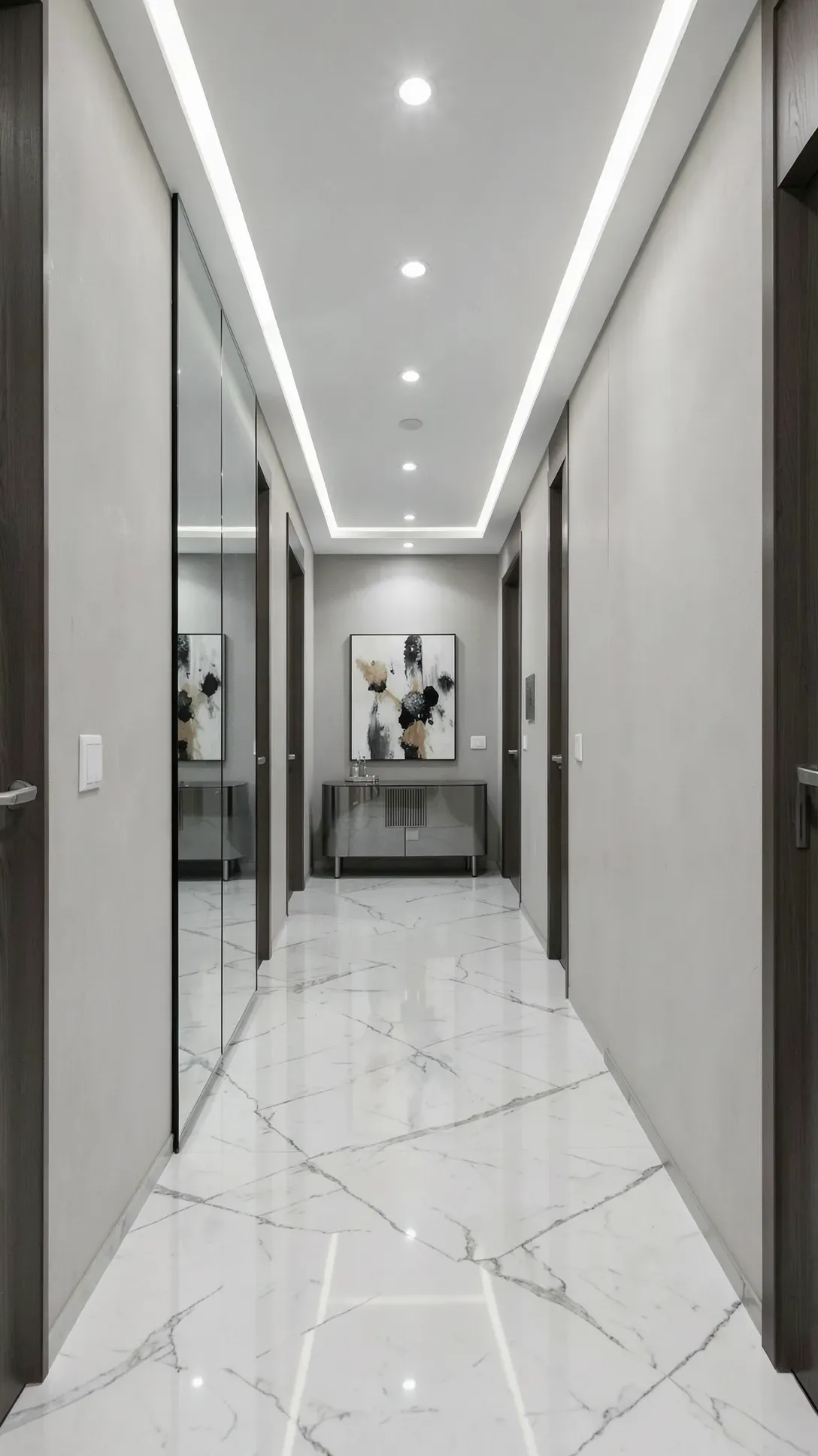 A massive floor-to-ceiling mirror panel creates a sense of space in a luxury marble entryway.