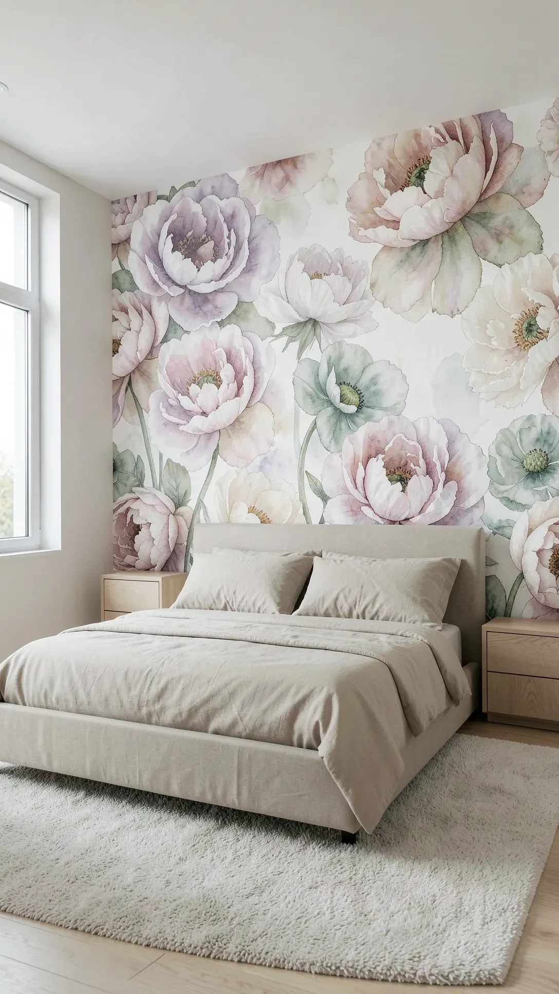 A bedroom featuring a large watercolor floral mural with soft pink and purple blended petals.