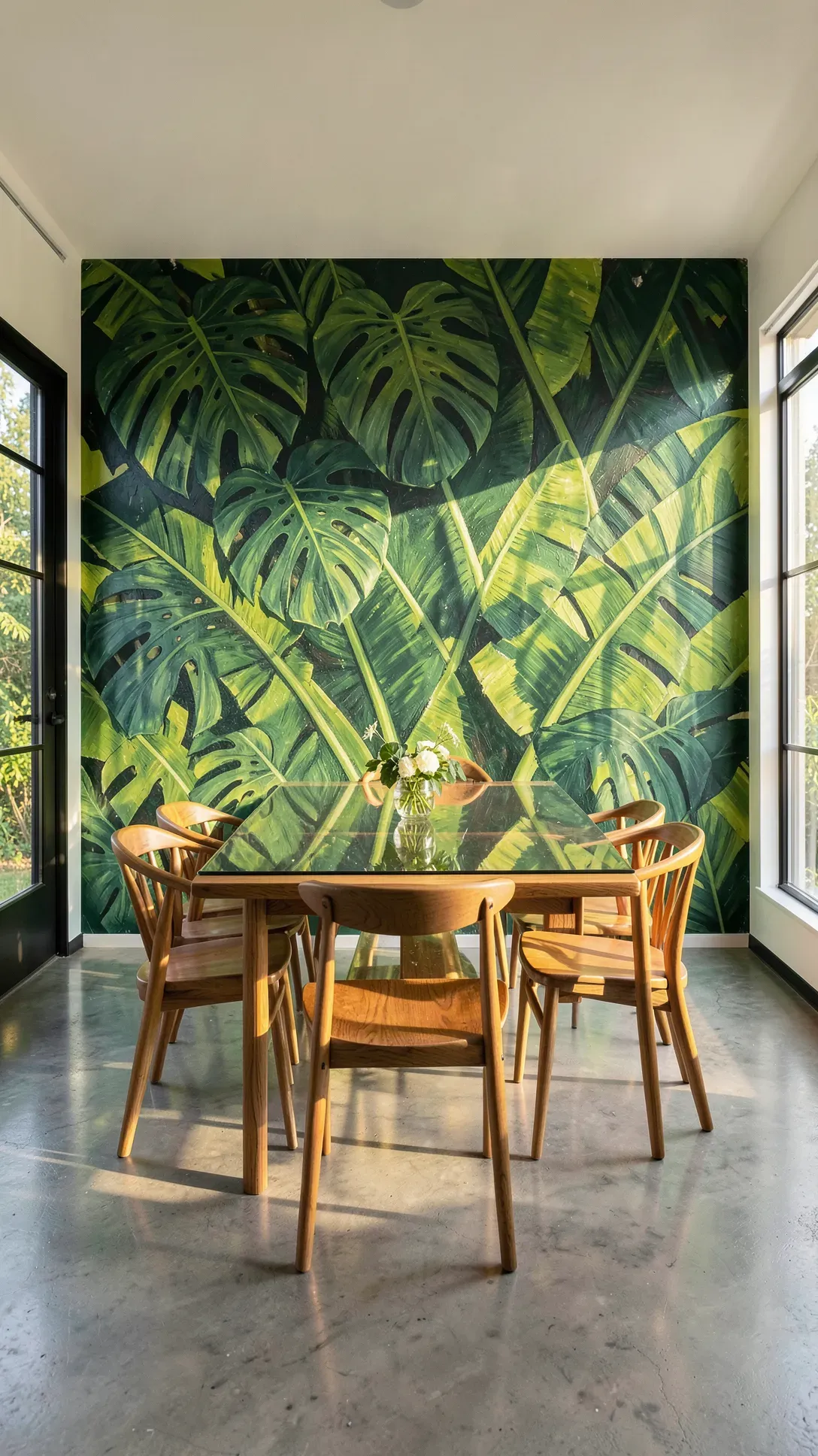A dining room with a large hand-painted mural of green Monstera and banana leaves on the wall.