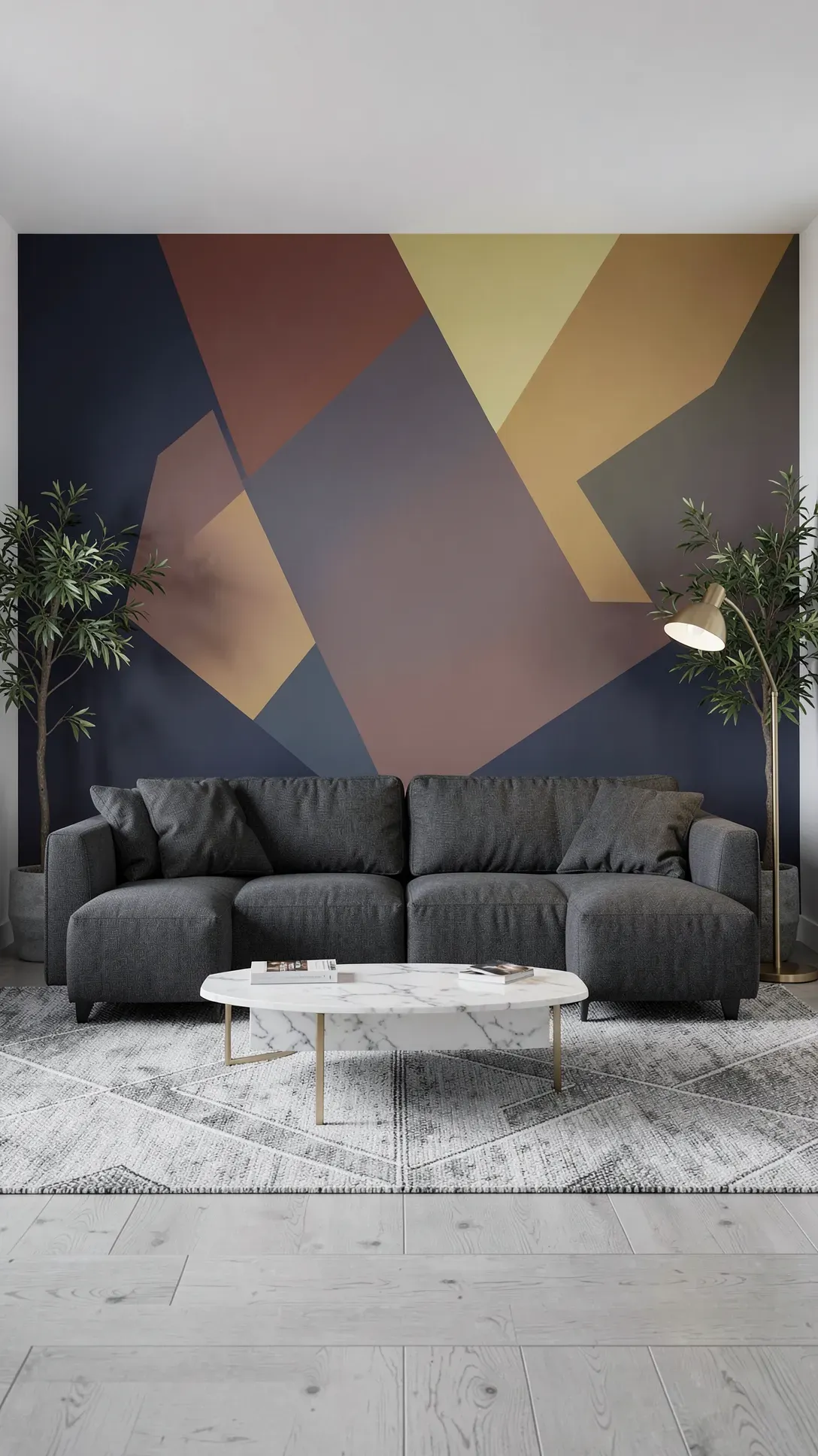 A living room wall decorated with a modern geometric color block mural in navy, yellow, and red.