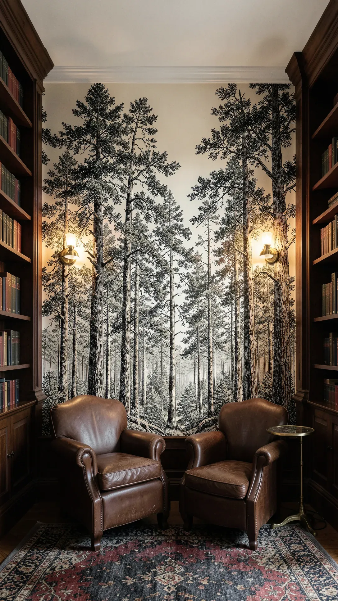 A detailed black and cream forest mural in the style of a vintage woodcut engraving.