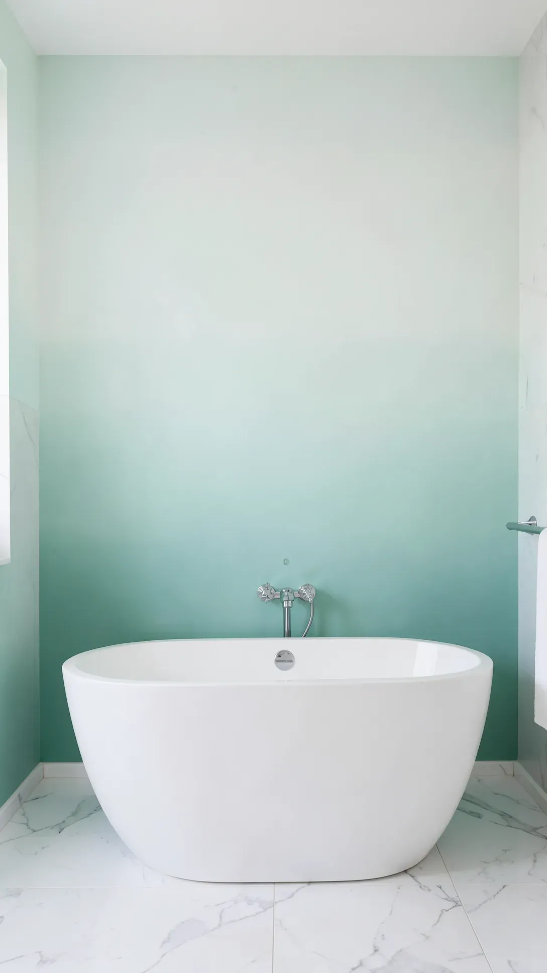 A bathroom wall with a smooth ombre paint transition from seafoam green to pale mint.