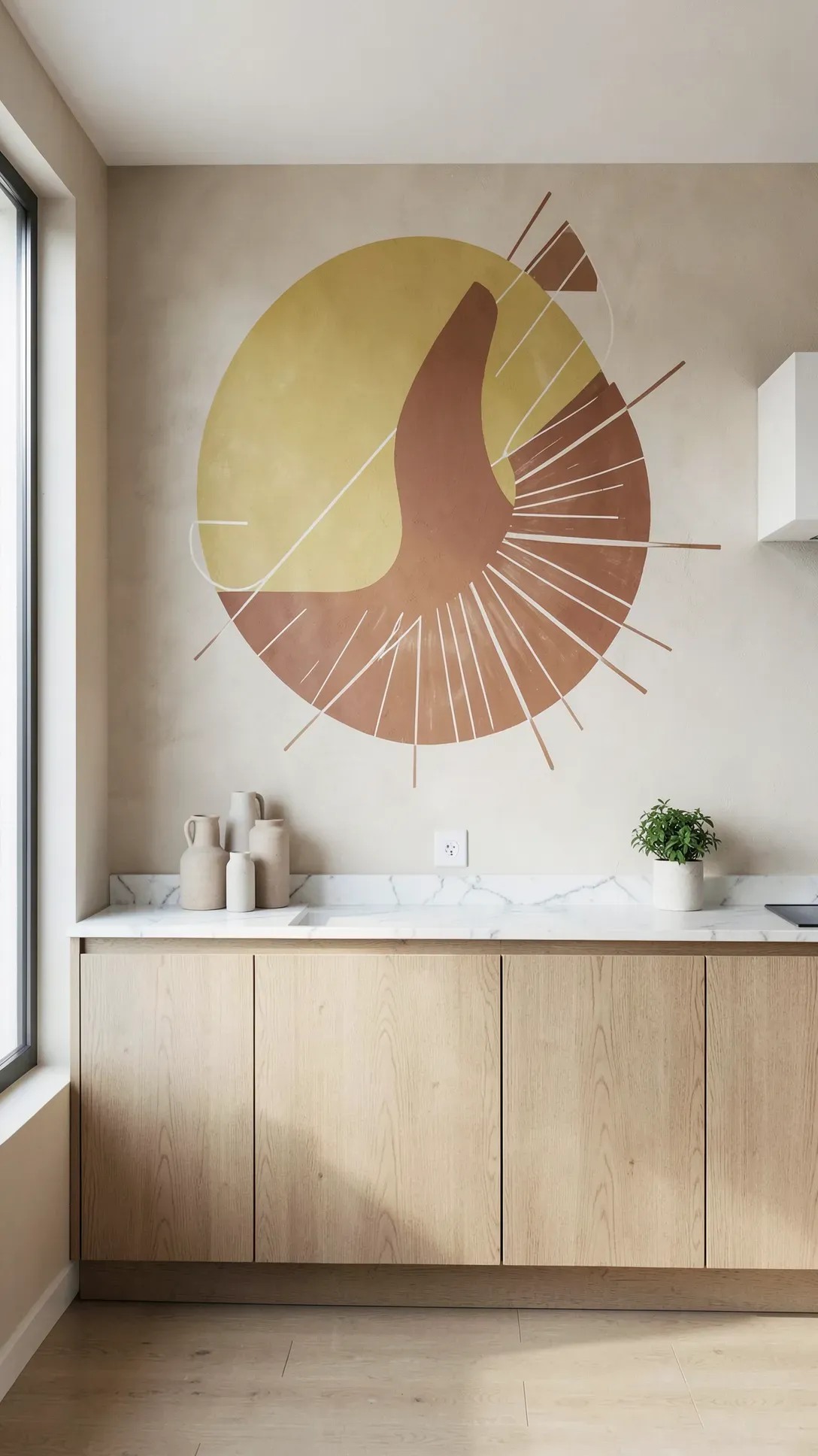 A kitchen wall featuring a mid-century modern mural with sun and moon shapes in earth tones.