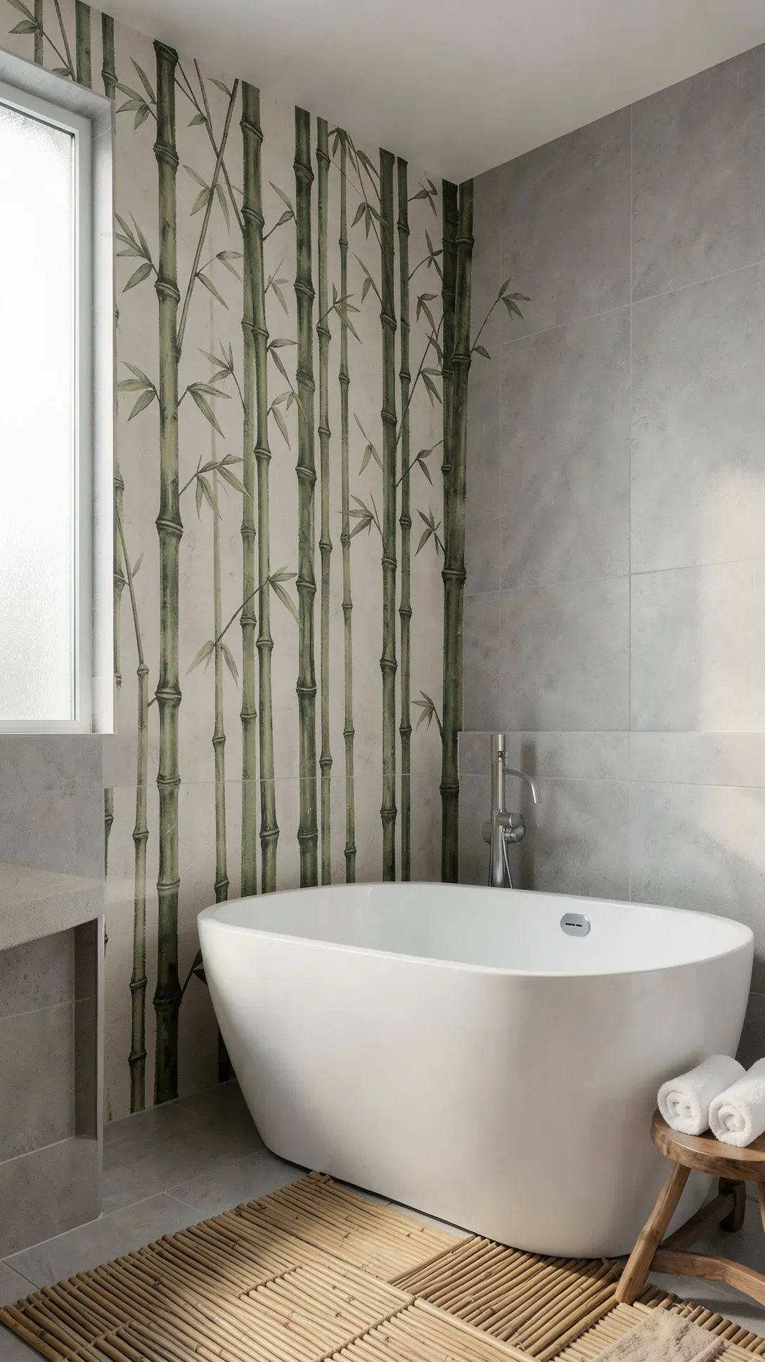 A serene bathroom with a hand-painted bamboo mural next to a white soaking tub.