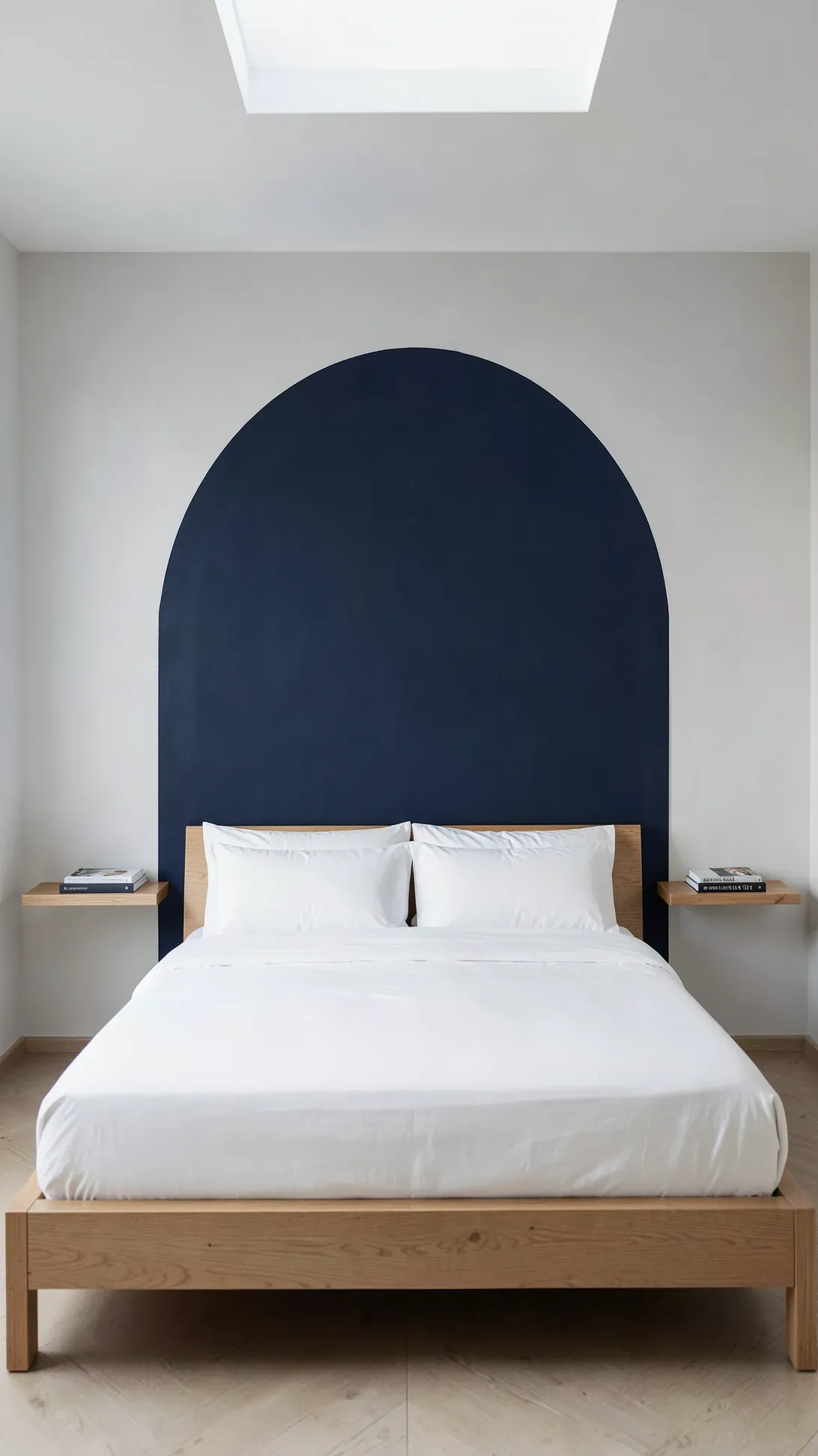 A minimalist bedroom with a large navy blue painted arch on the wall behind the bed.