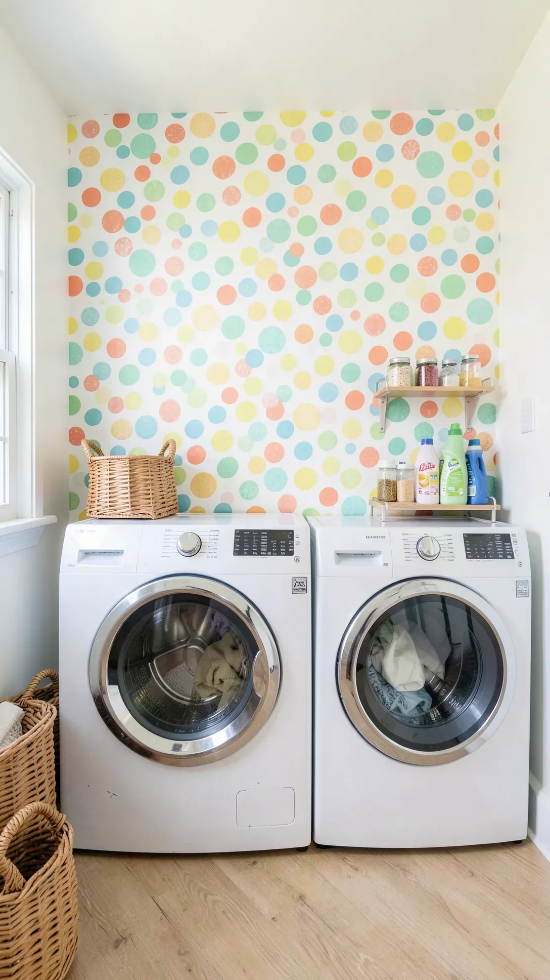 A bright laundry room with a playful scattered polka dot mural in pastel colors.