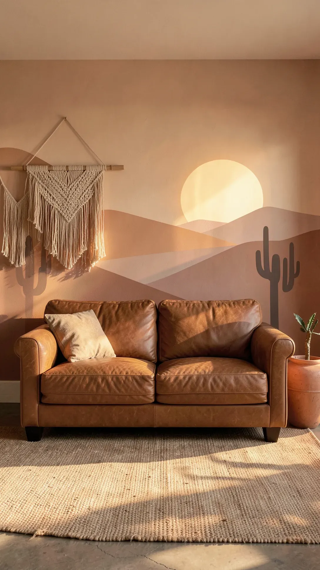 A living room with a warm desert landscape mural featuring cacti silhouettes in clay tones.