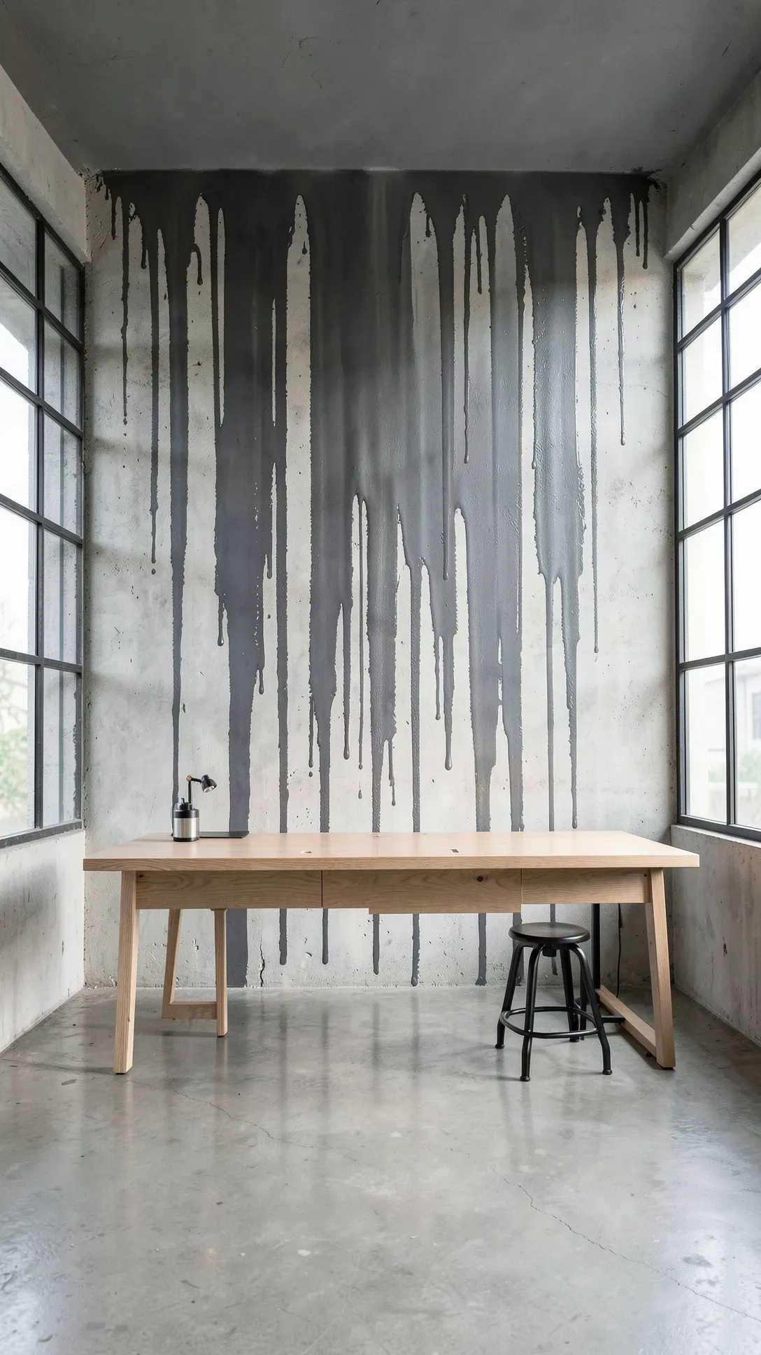 An industrial studio with a gray paint drip mural on a white accent wall and a wooden desk.