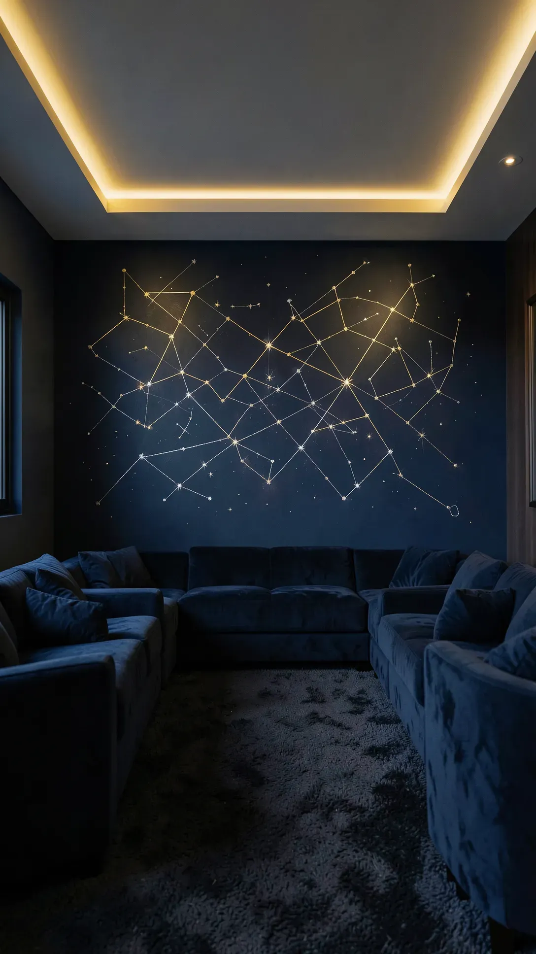 A dark navy wall featuring gold and silver painted constellations in a cozy home theater.