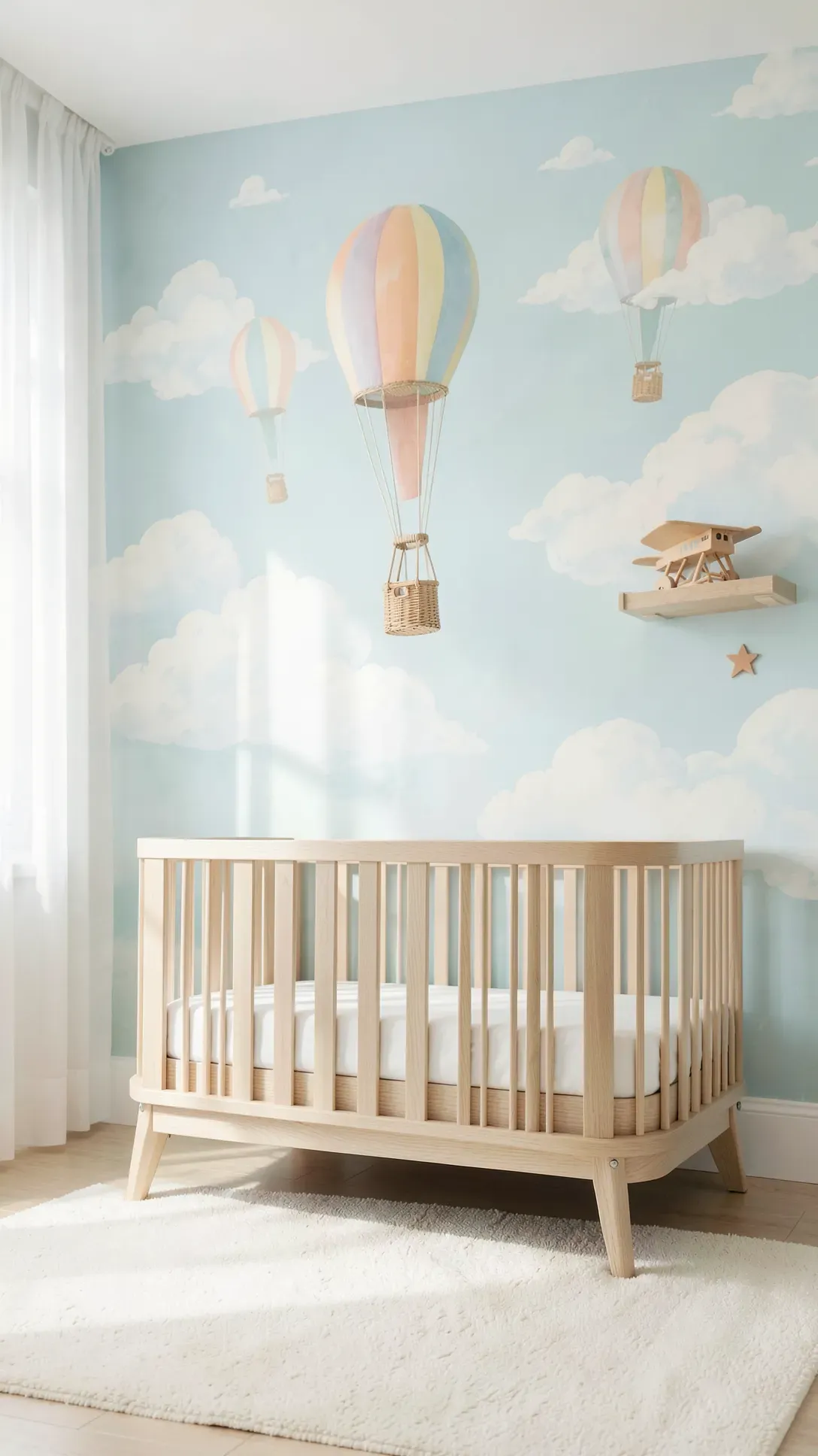 A nursery wall with painted pastel hot air balloons and white clouds above a wooden crib.