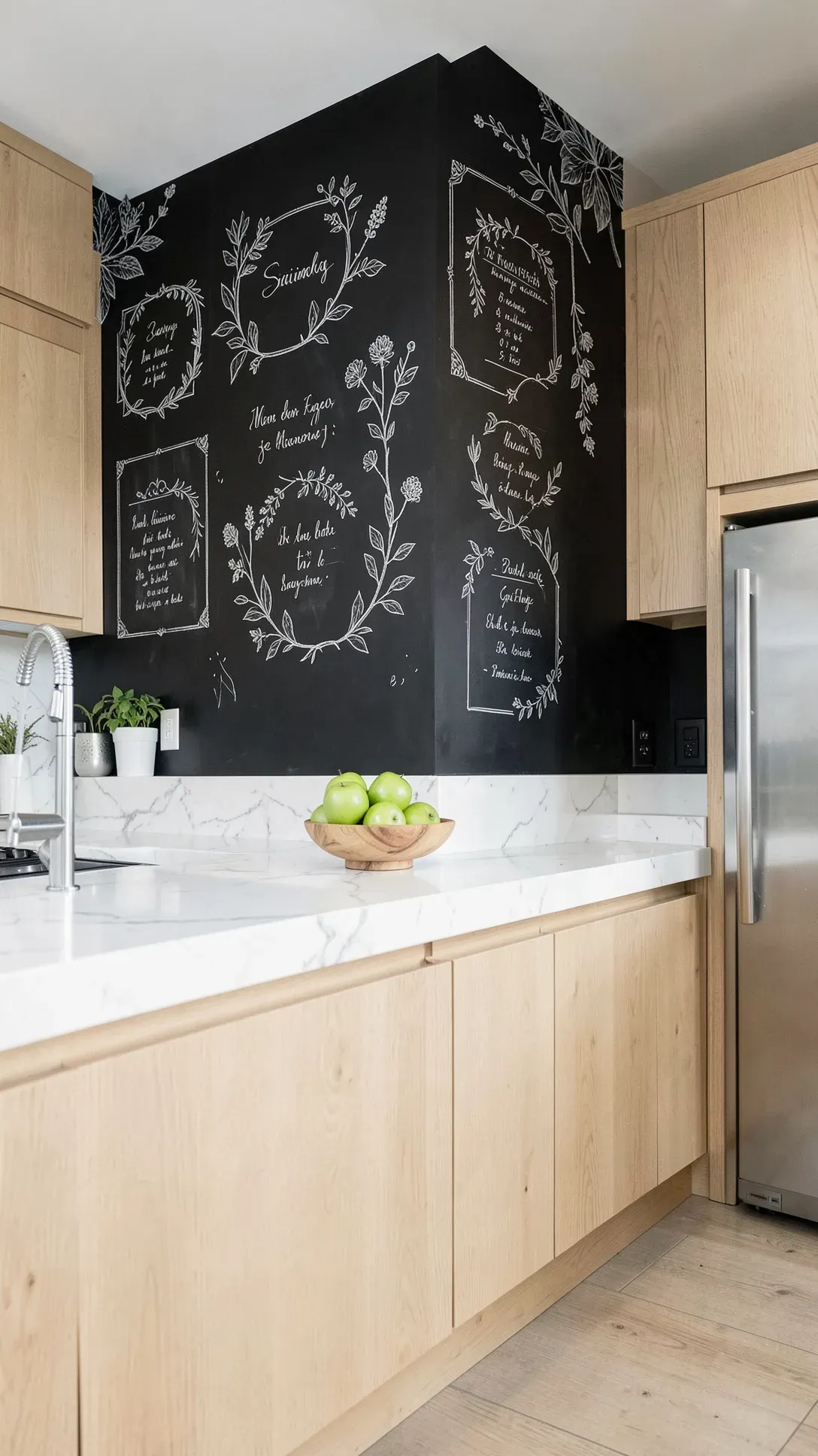 A matte black chalkboard wall in a modern kitchen featuring hand-drawn chalk art and menus.