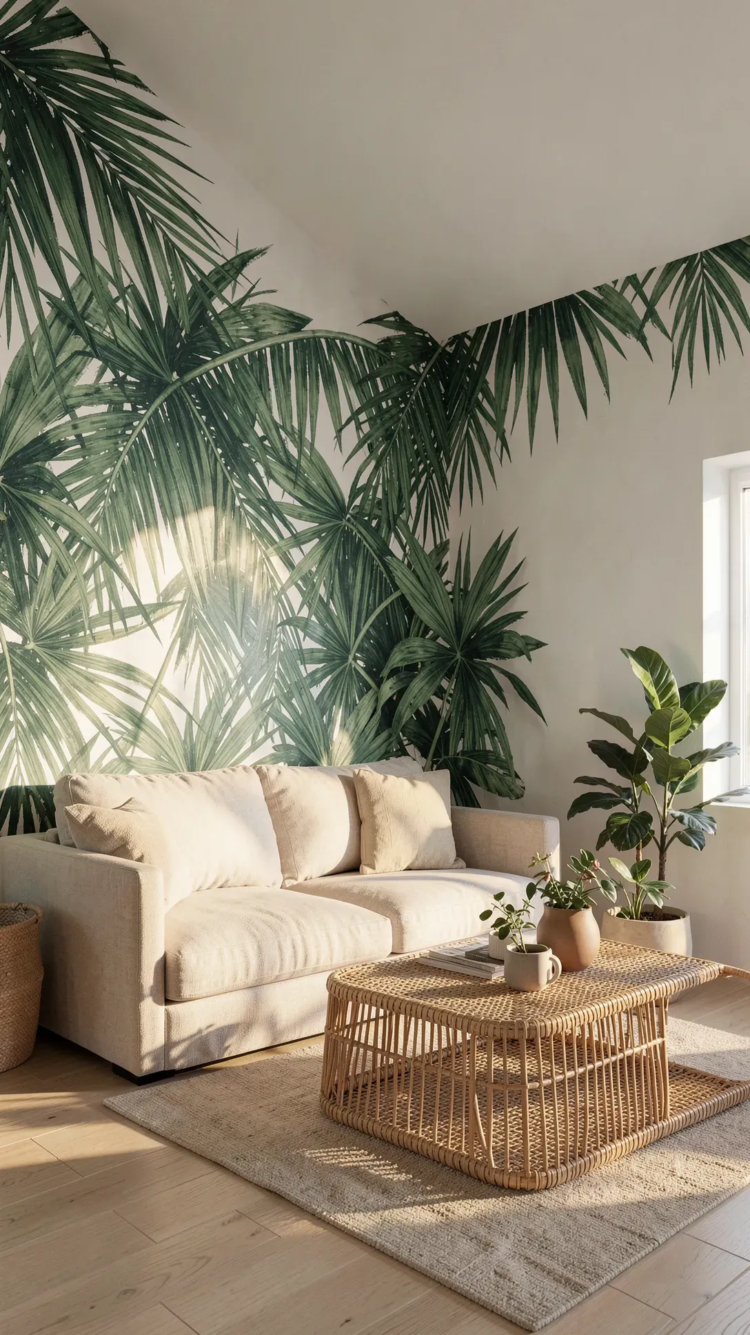 Large green painted palm fronds bordering the ceiling of a bright, bohemian living room.