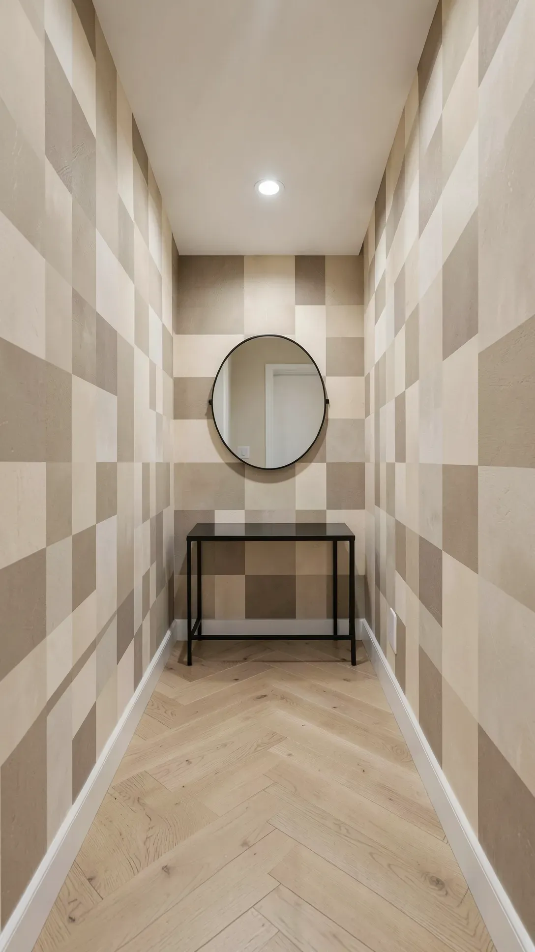 A hallway featuring a subtle beige and cream checkerboard pattern on the walls.
