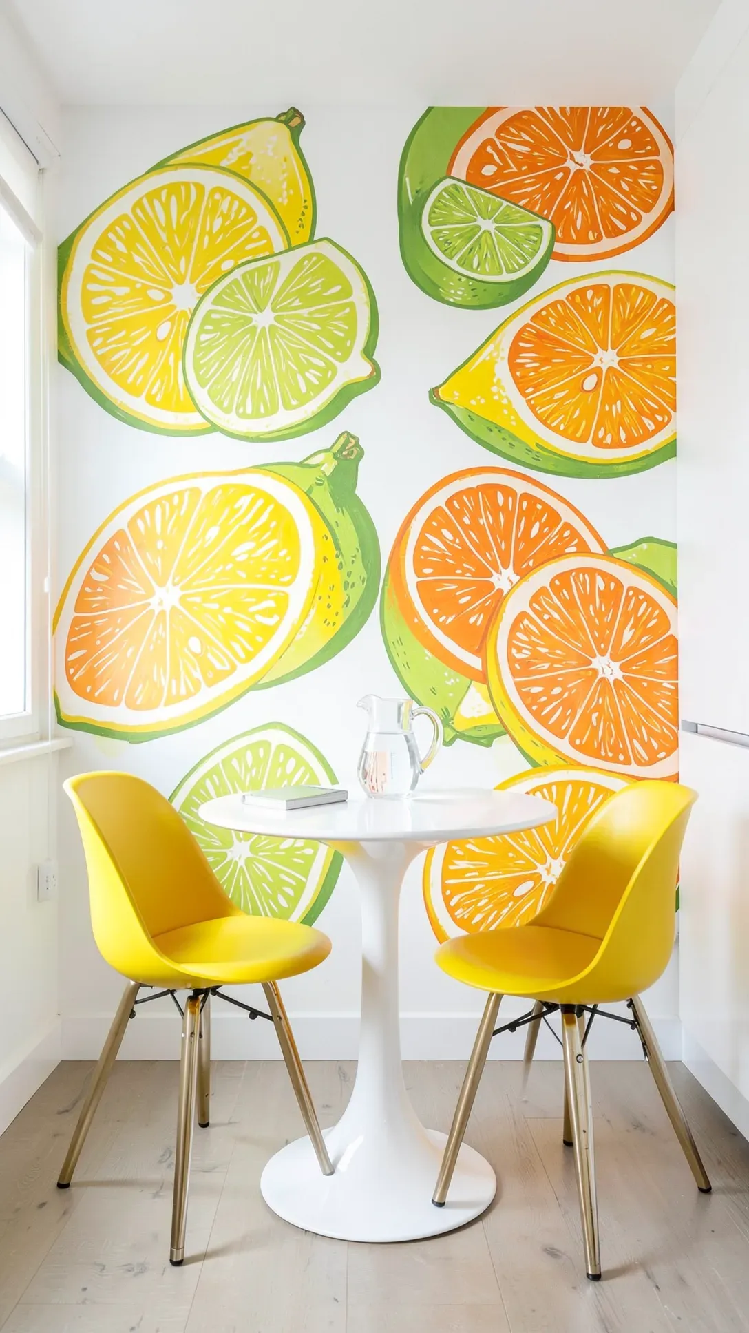 A bright white kitchen wall decorated with large, colorful painted lemon and orange slices.