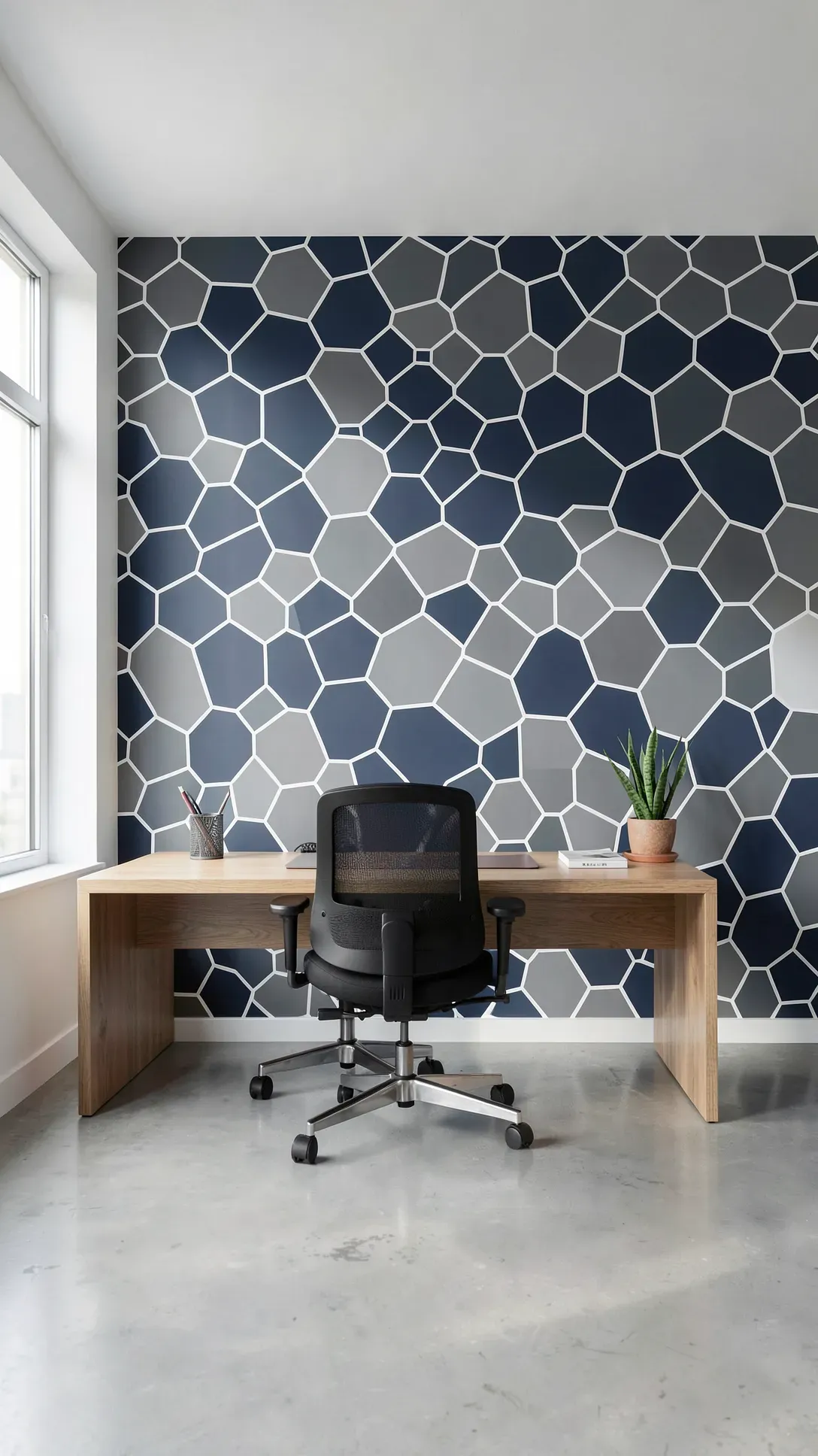 A modern home office with a blue and grey geometric honeycomb hexagon mural on a white wall.