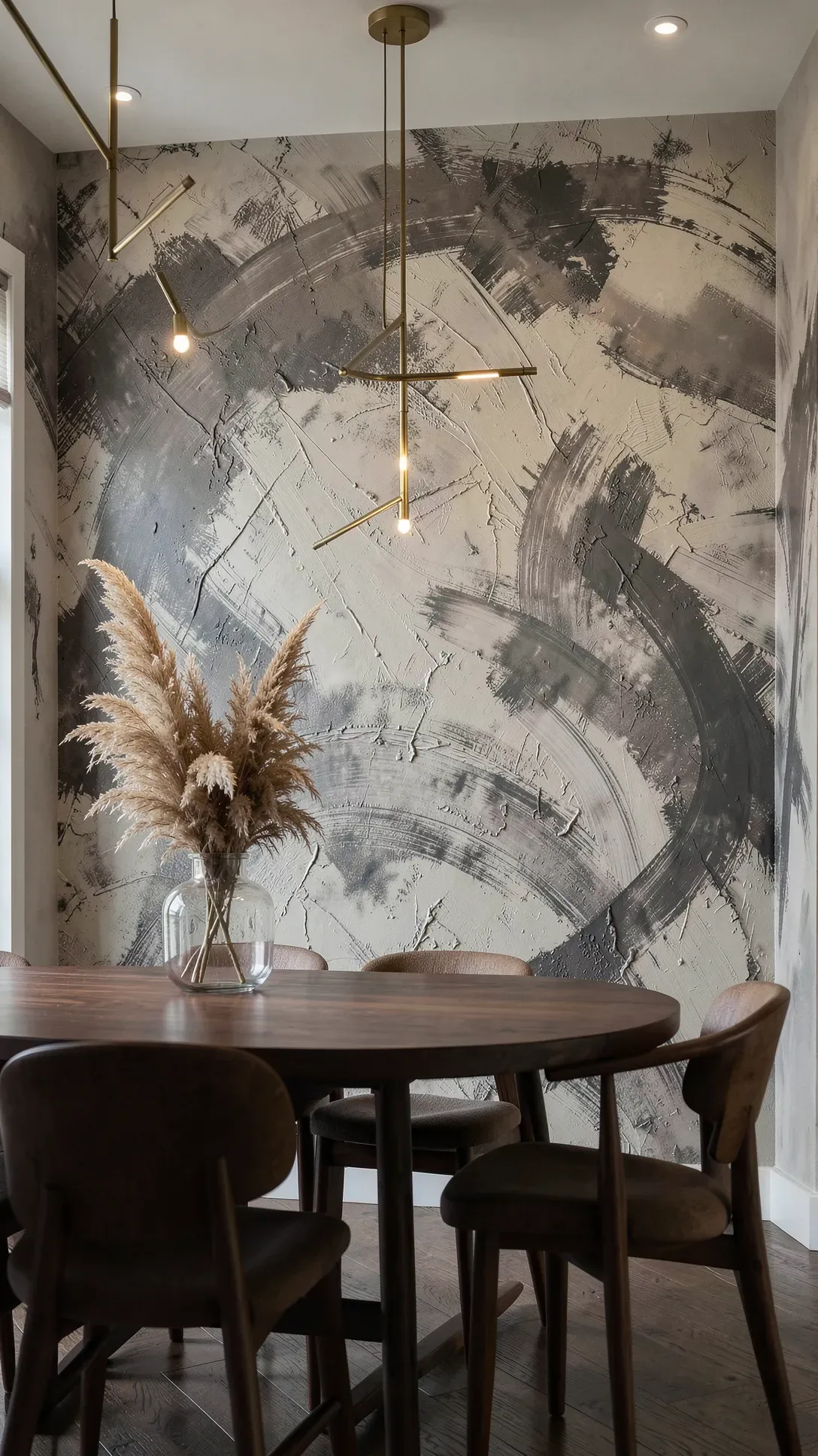 A sophisticated dining room with a taupe and grey textured brushstroke mural on the main wall.