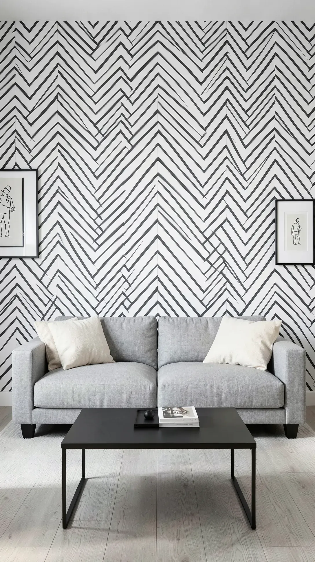 A high-contrast charcoal and white herringbone pattern mural on a living room feature wall.