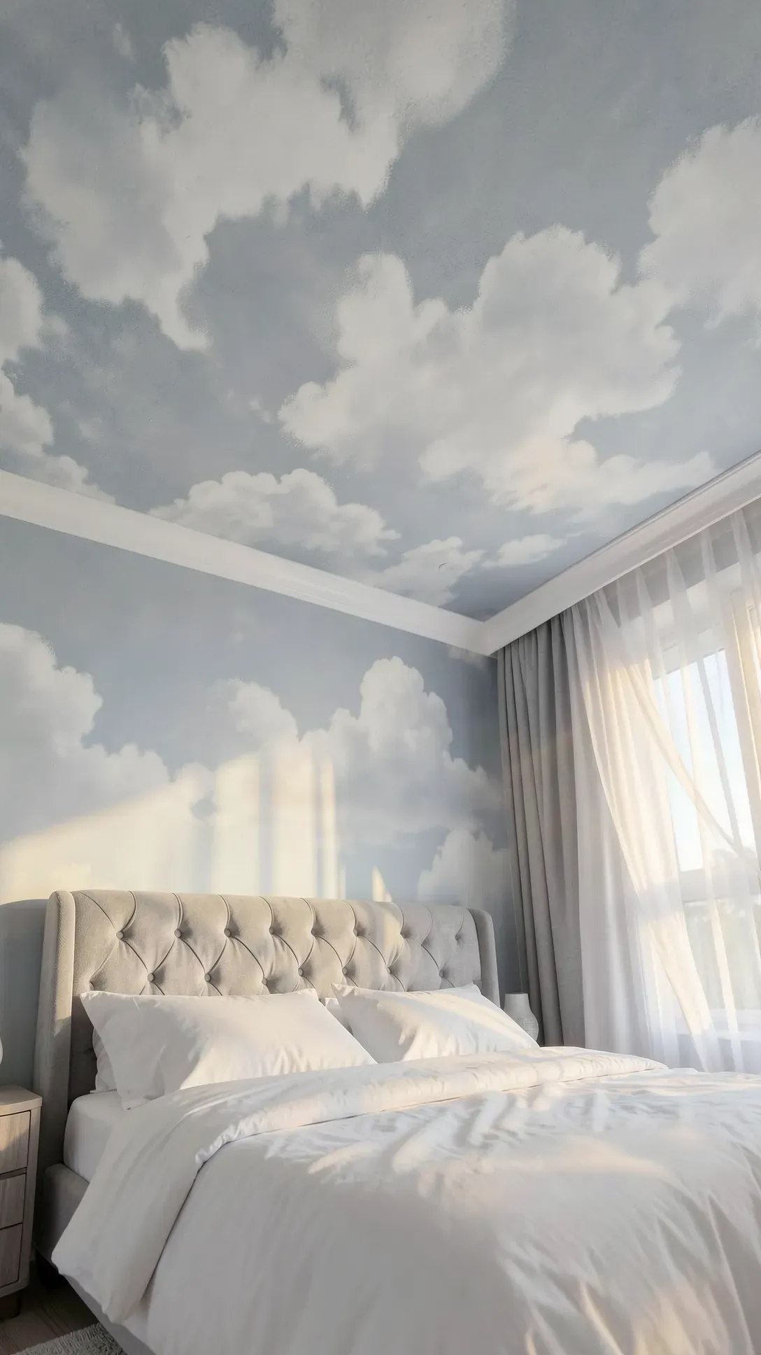 A calming bedroom featuring a soft blue and white stippled cloud mural on the wall and ceiling.