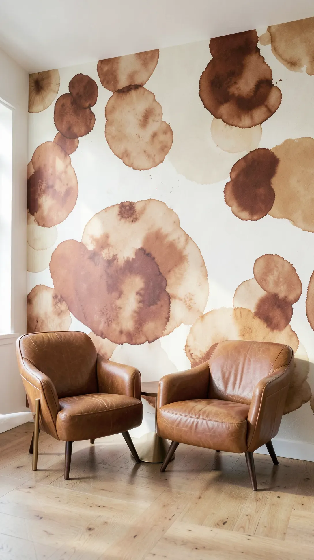 An abstract wall mural with large terracotta and ochre ink blot shapes in a modern lounge.
