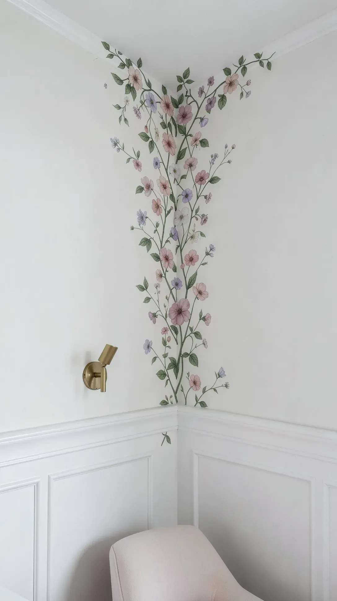 Delicate hand-painted floral vines trailing down from the corner of a light, airy room.