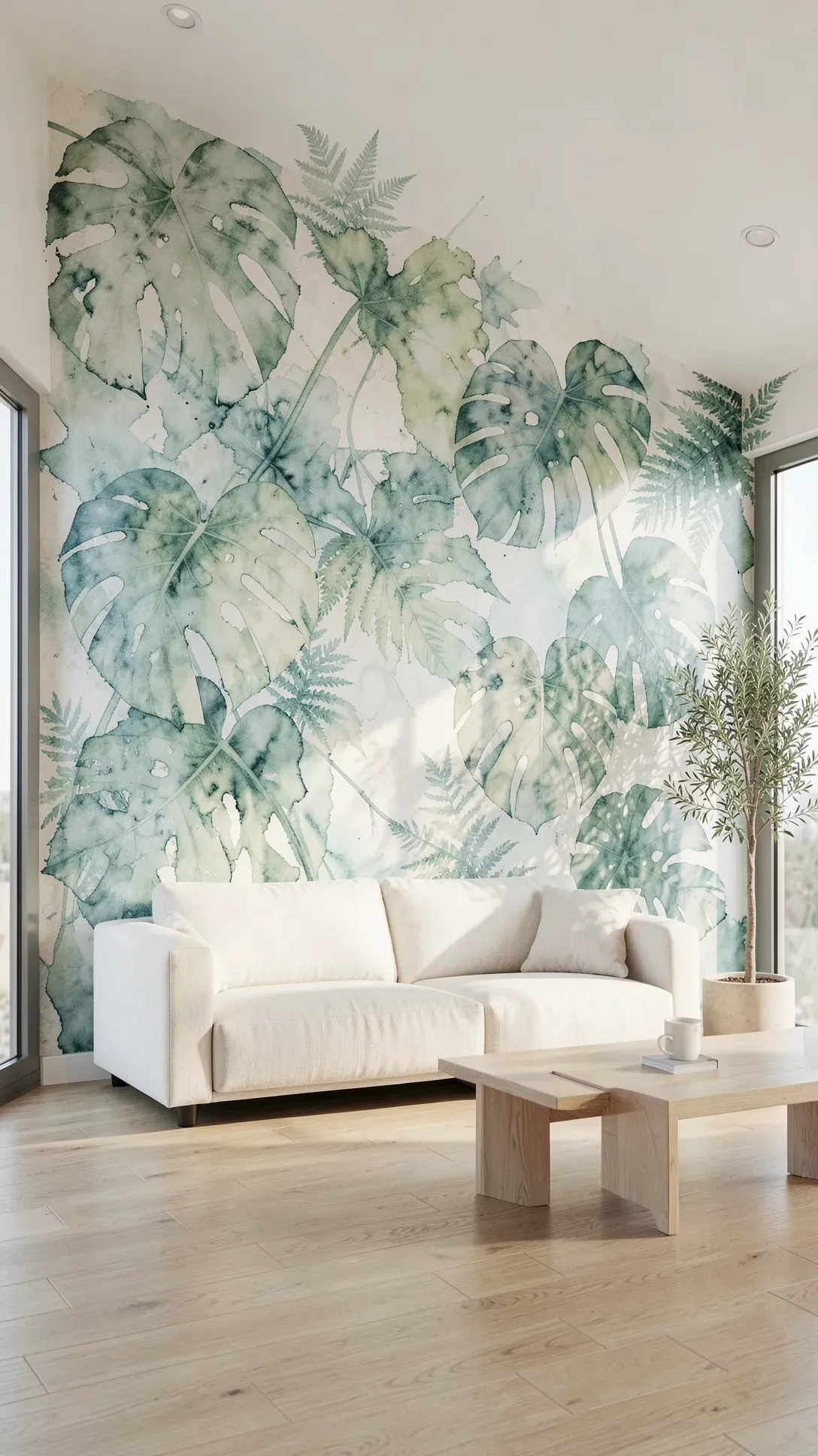 A bright living room featuring a large watercolor mural of soft green and blue botanical leaves.