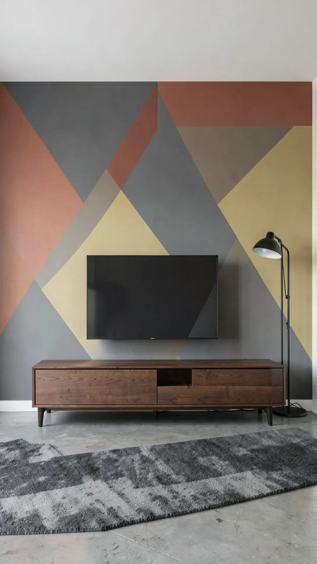 Modern living room with a bold geometric mural of terracotta and grey shapes behind furniture.