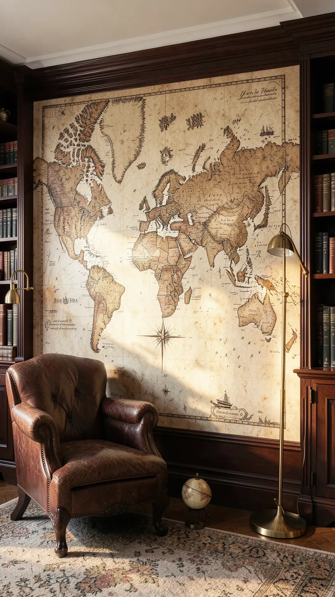 Large sepia-toned vintage world map mural on a living room wall with classic decor.