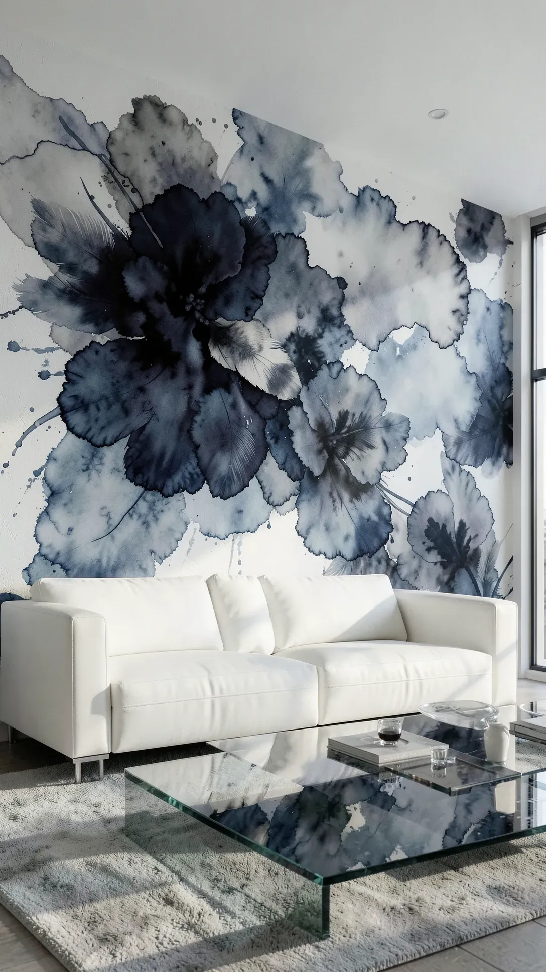 A modern room featuring a fluid abstract ink wash mural in shades of indigo and grey.