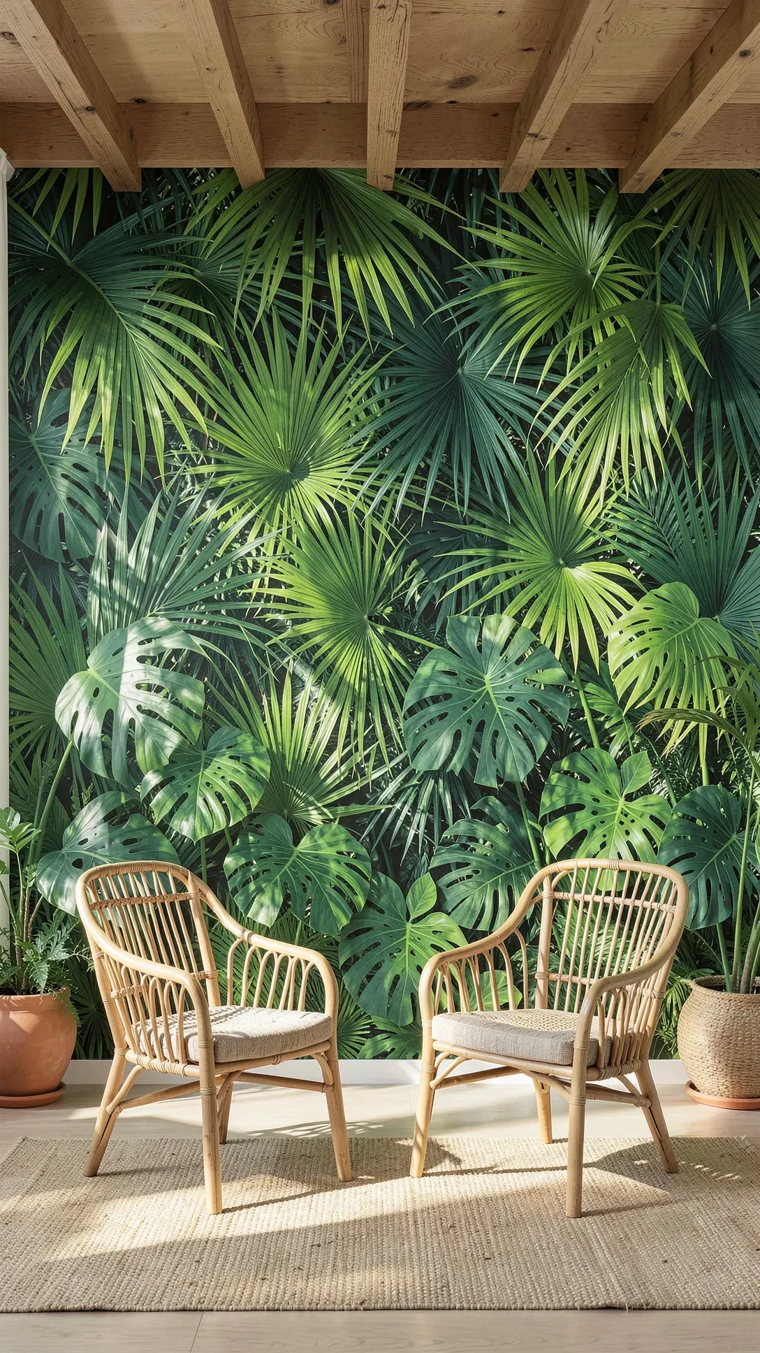 A vibrant living room with a large-scale tropical palm leaf mural in rich green tones.