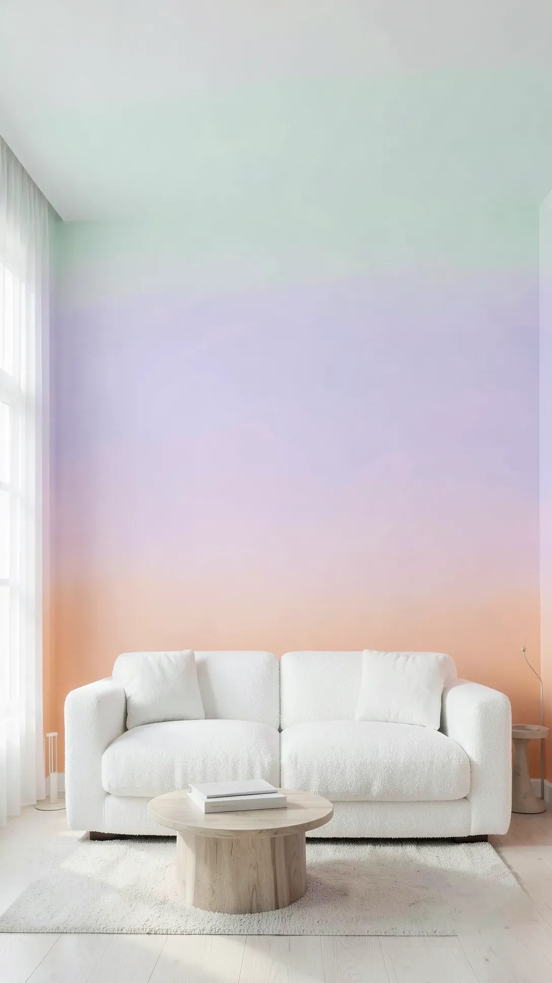 A peaceful room with a smooth ombre mural transitioning from peach to lavender and mint.