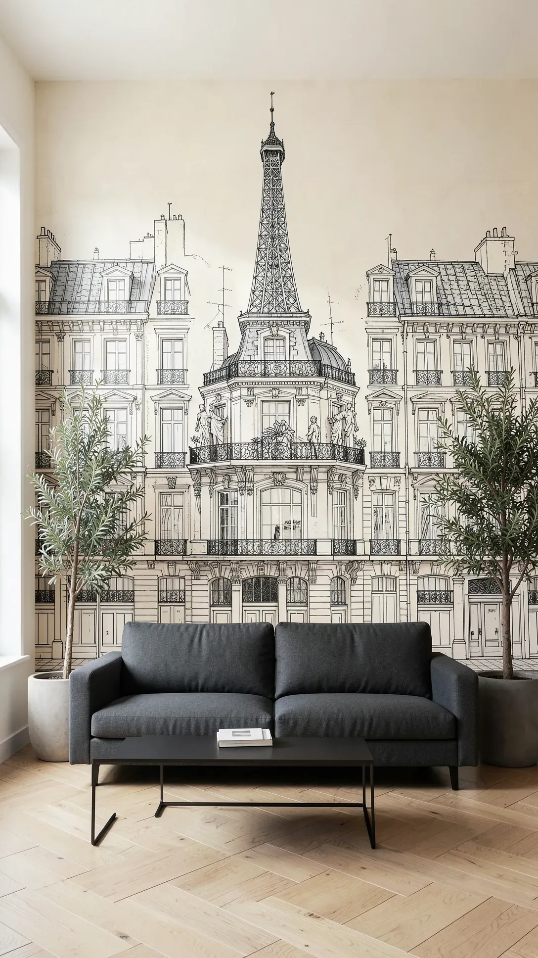 A minimalist living room with a large black and white architectural sketch mural of Paris buildings.