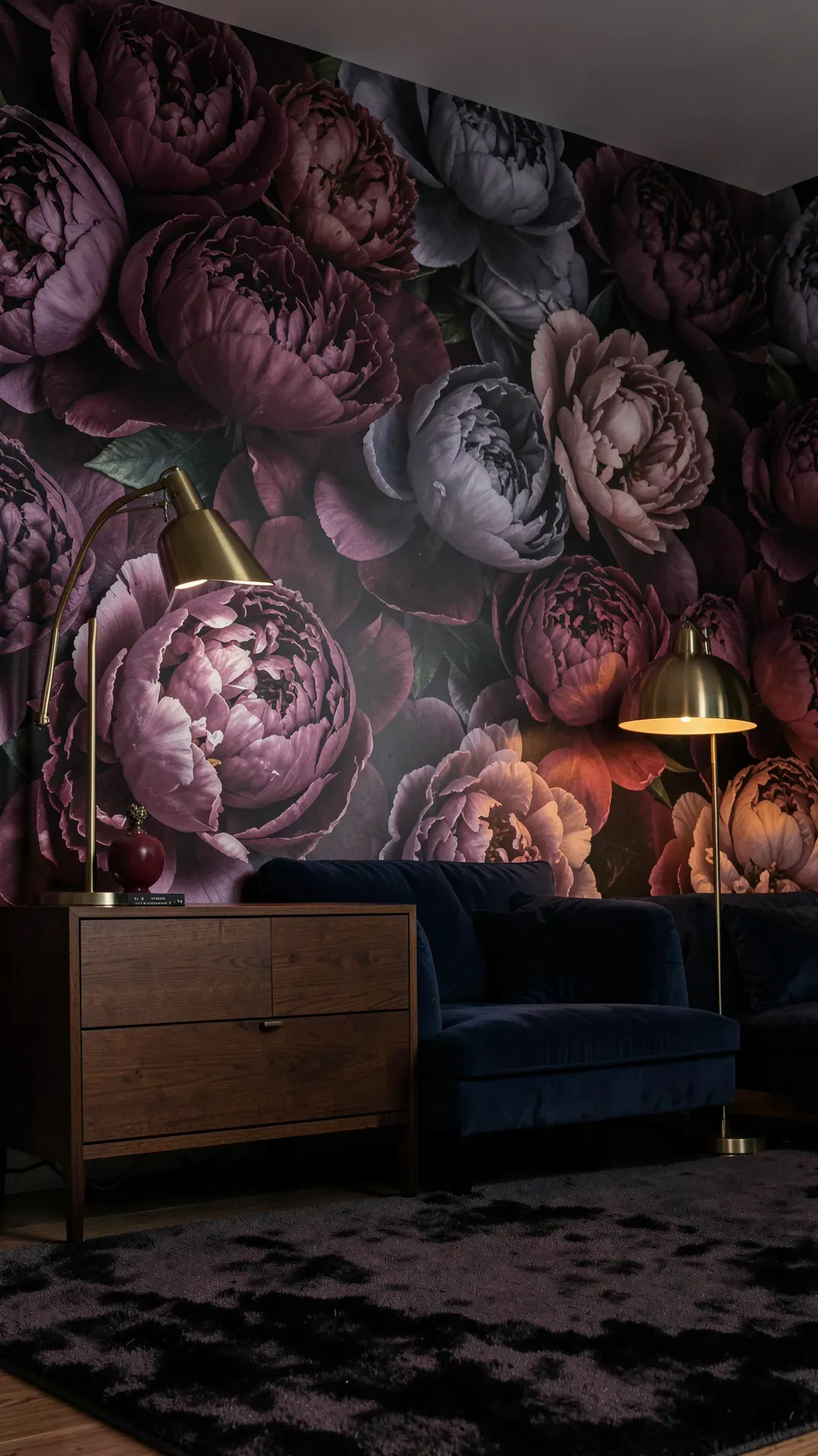 Large-scale dark floral mural with plum and burgundy peonies in a luxury living room.