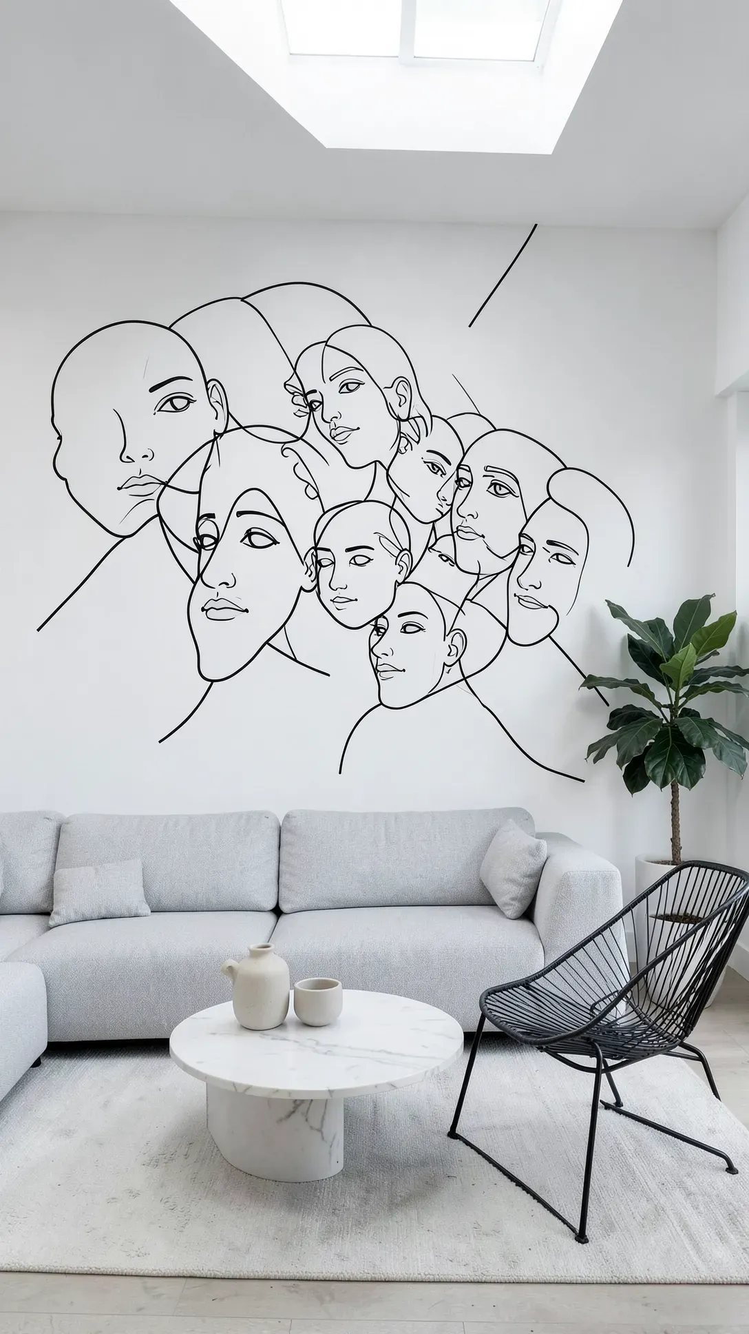 Modern living room with a simple black continuous line art mural of faces on a white wall.