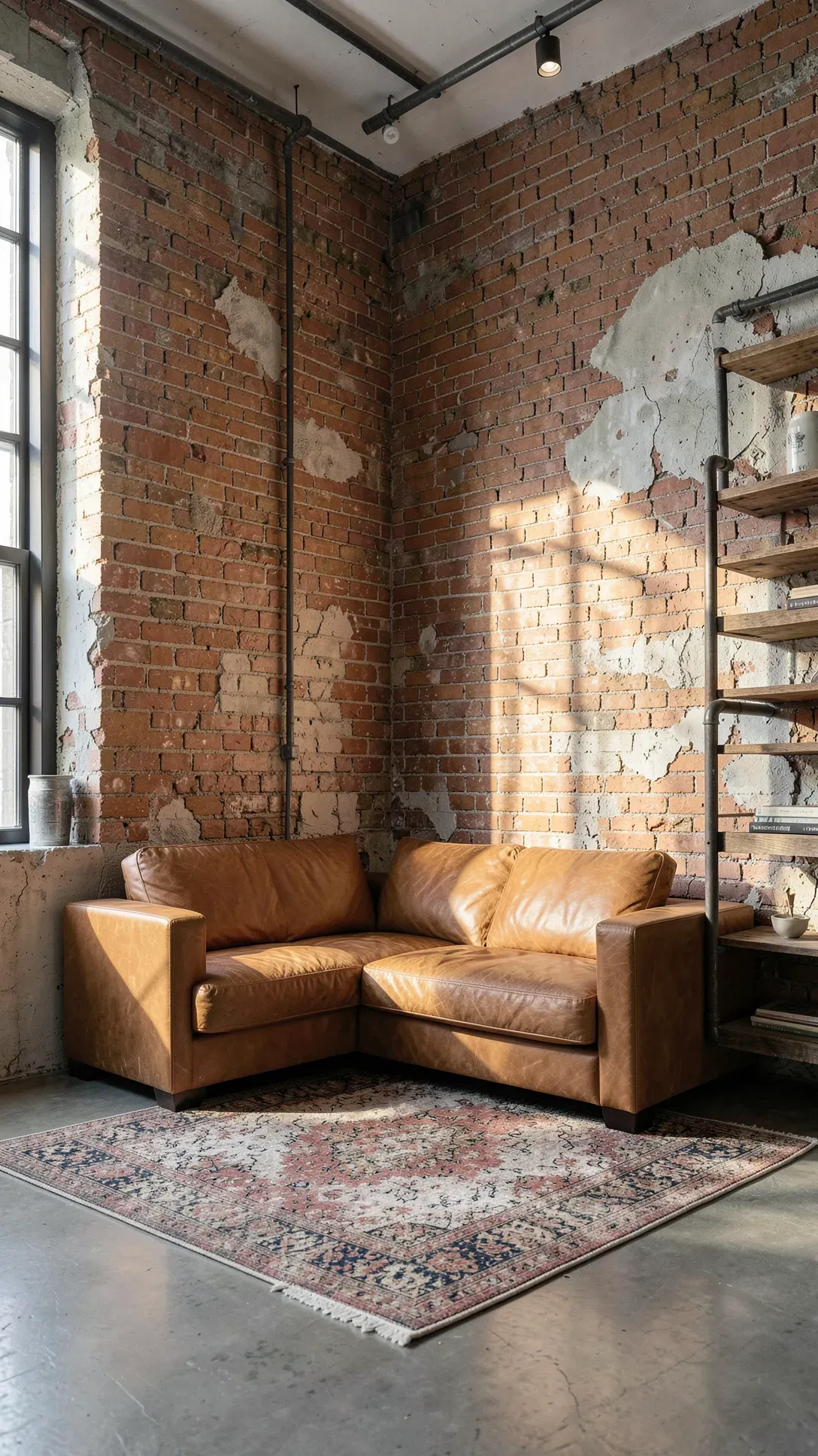 Industrial living room with a realistic faux brick and crumbling plaster wall mural.