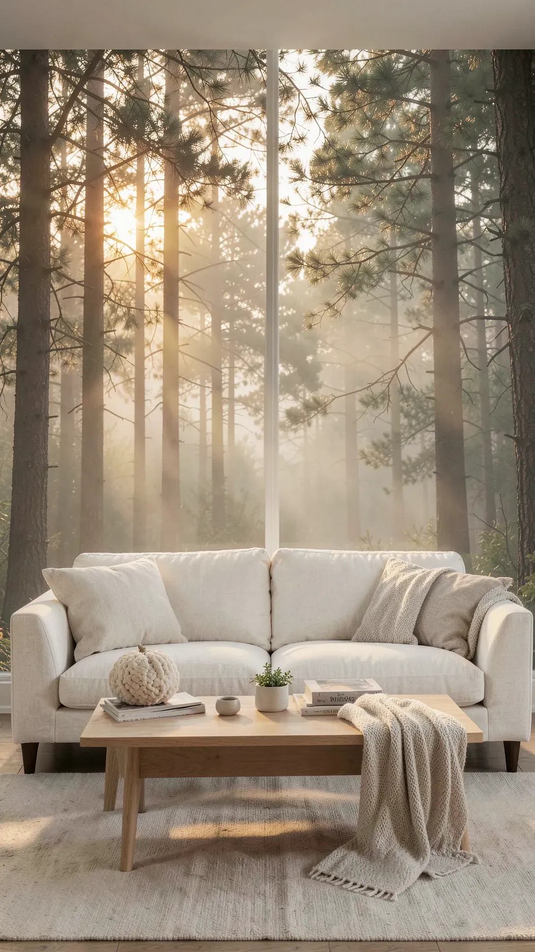 Living room featuring a peaceful forest mural with golden sunlight and morning mist.