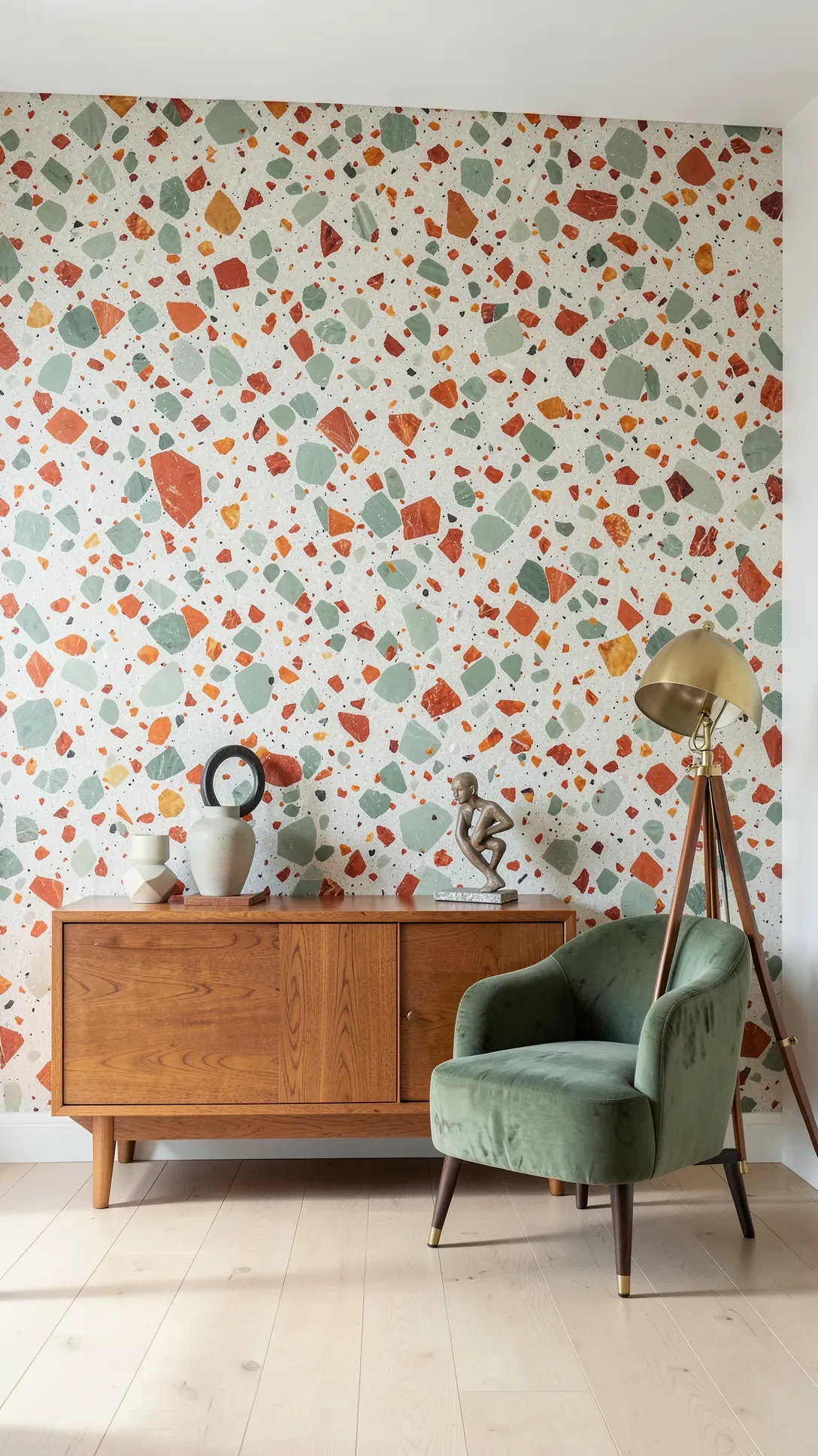 Mid-century modern living room with a colorful terrazzo stone pattern wall mural.