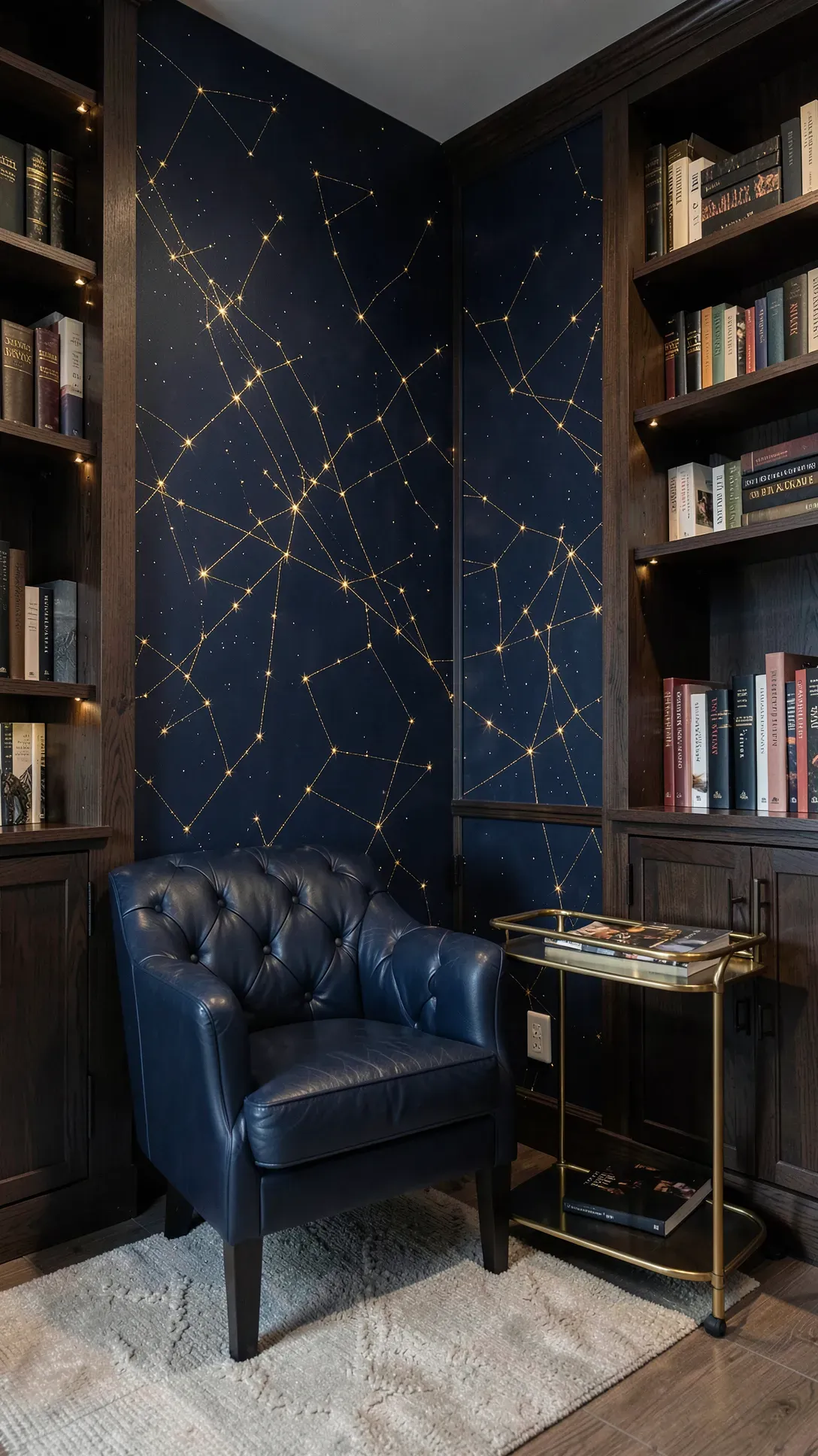 Dark navy living room wall mural featuring gold constellations and a celestial map.