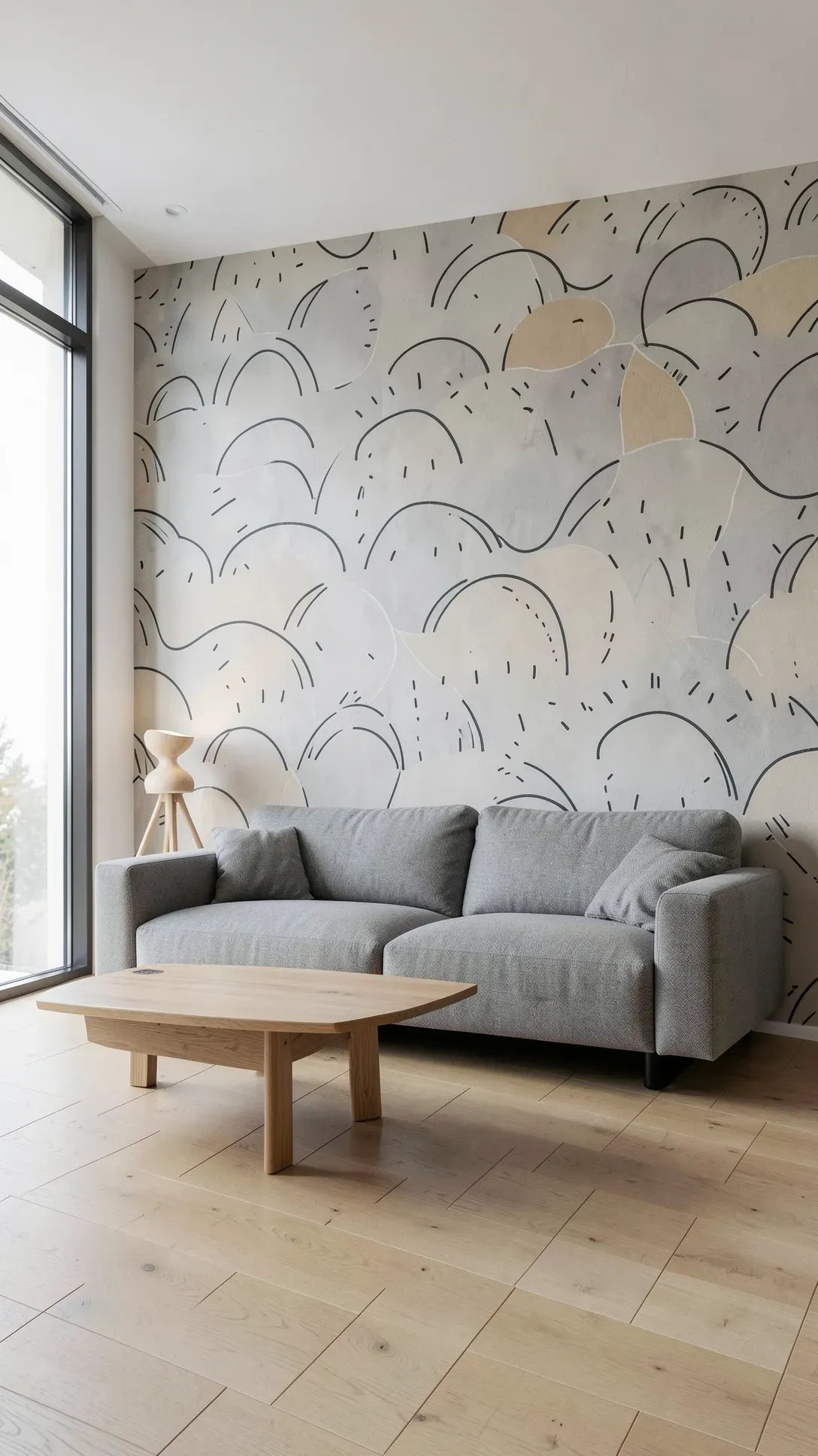 A minimalist living room with a Scandinavian wall mural featuring repeating hand-drawn tan and grey shapes.