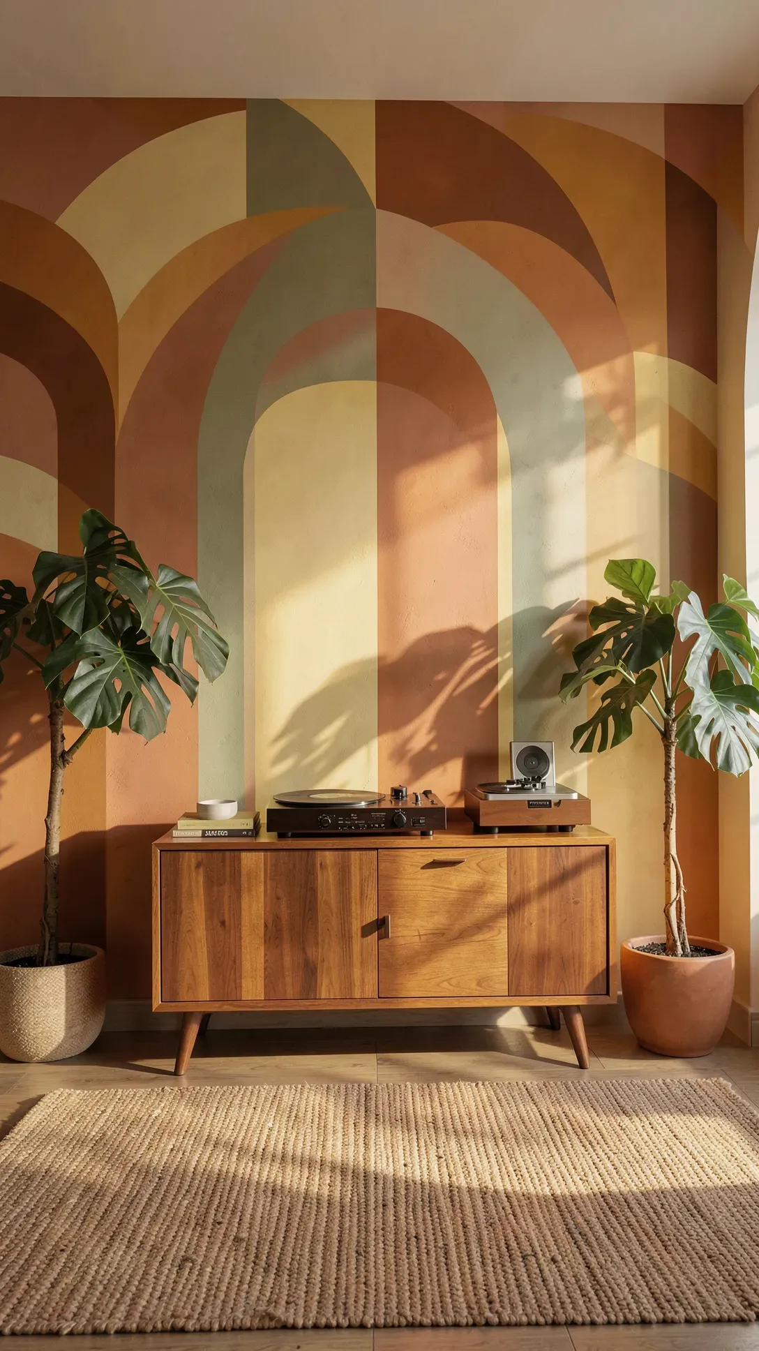 A retro living room featuring a terracotta and mustard sunburst mural behind a mid-century sideboard.