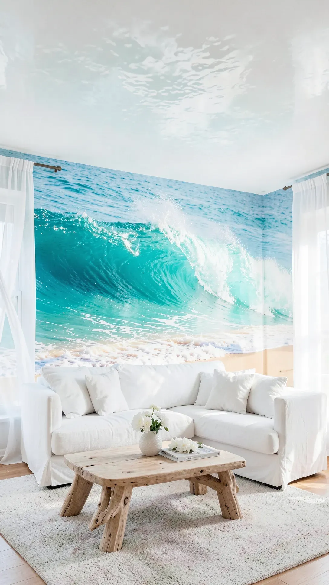 A bright living room with a full-wall photographic mural of a crashing turquoise ocean wave.