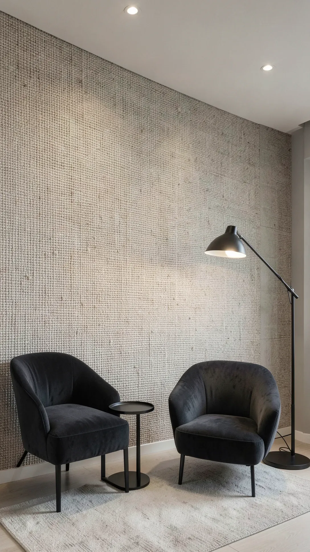 A sophisticated living room with a wall mural featuring a realistic beige linen fabric texture.