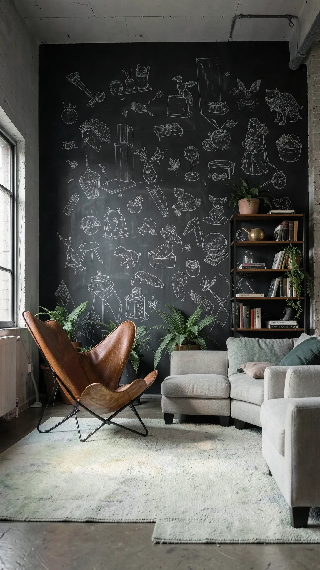 A moody living room with a matte charcoal chalkboard wall featuring artistic white chalk drawings.