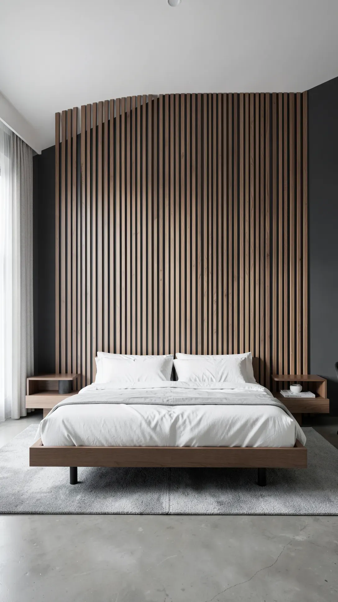 A modern bedroom with floor-to-ceiling walnut wood slats on the wall behind a low-profile bed.