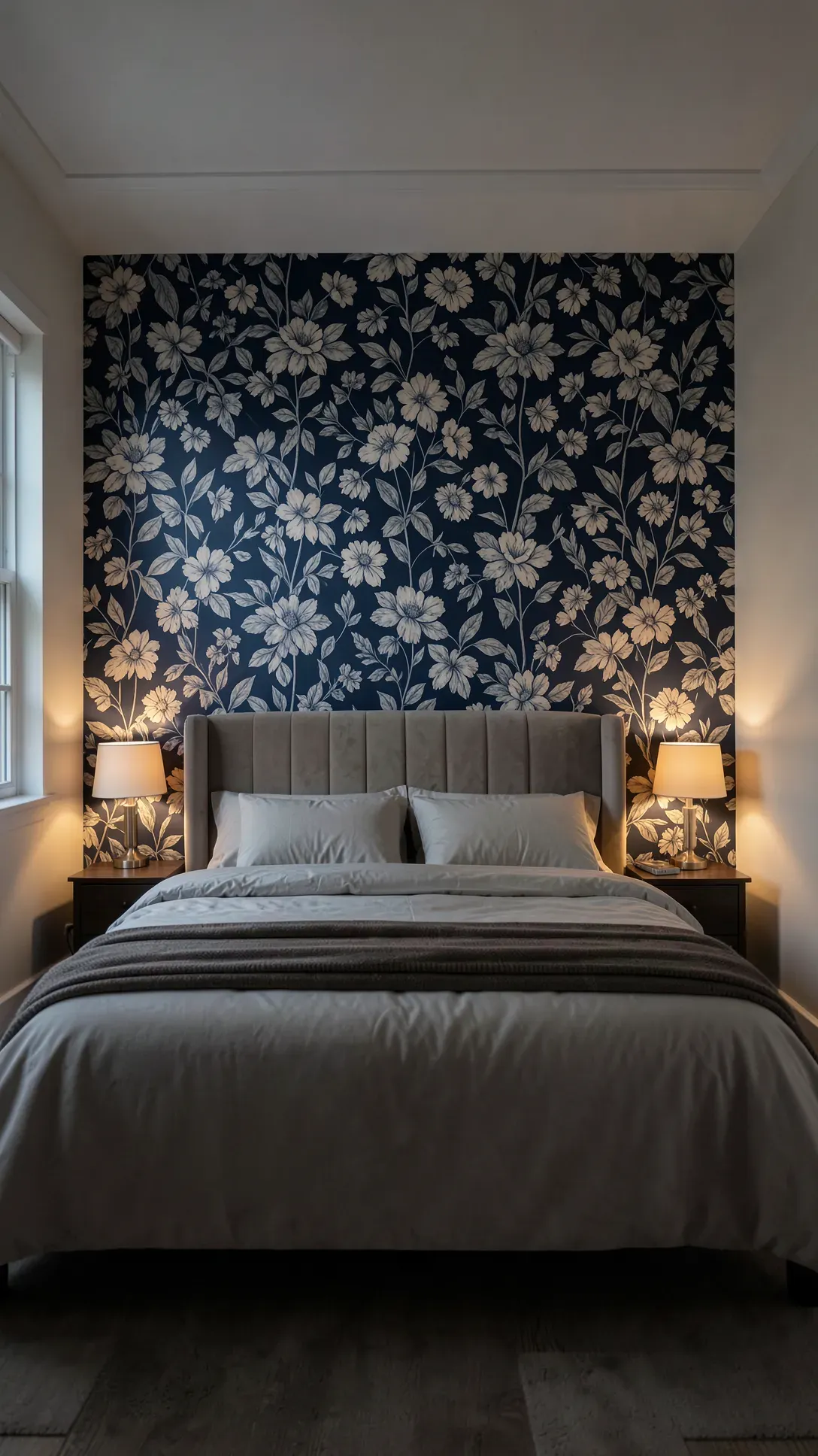 Large-scale navy blue floral wallpaper creates a bold accent wall behind a bed in an elegant room.