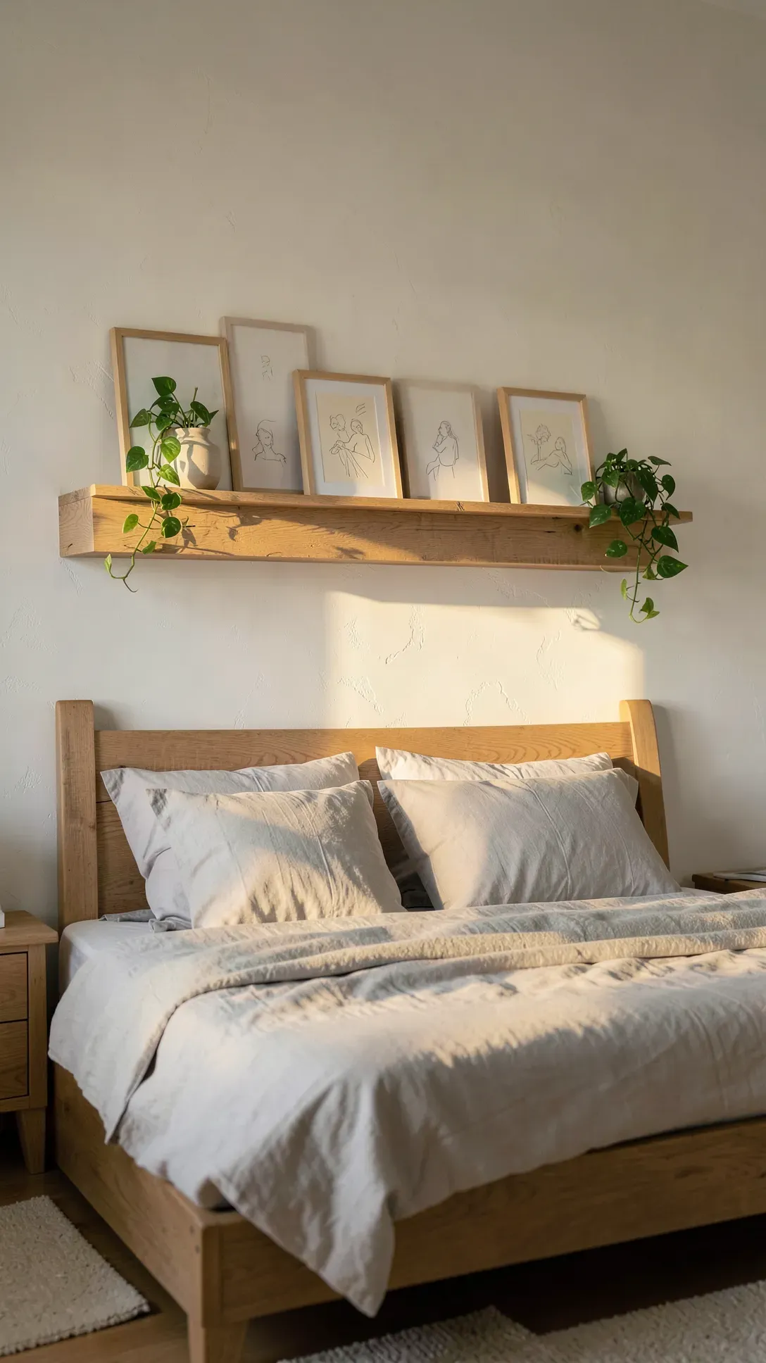 A floating oak picture ledge above a bed displaying framed art and a trailing green plant.