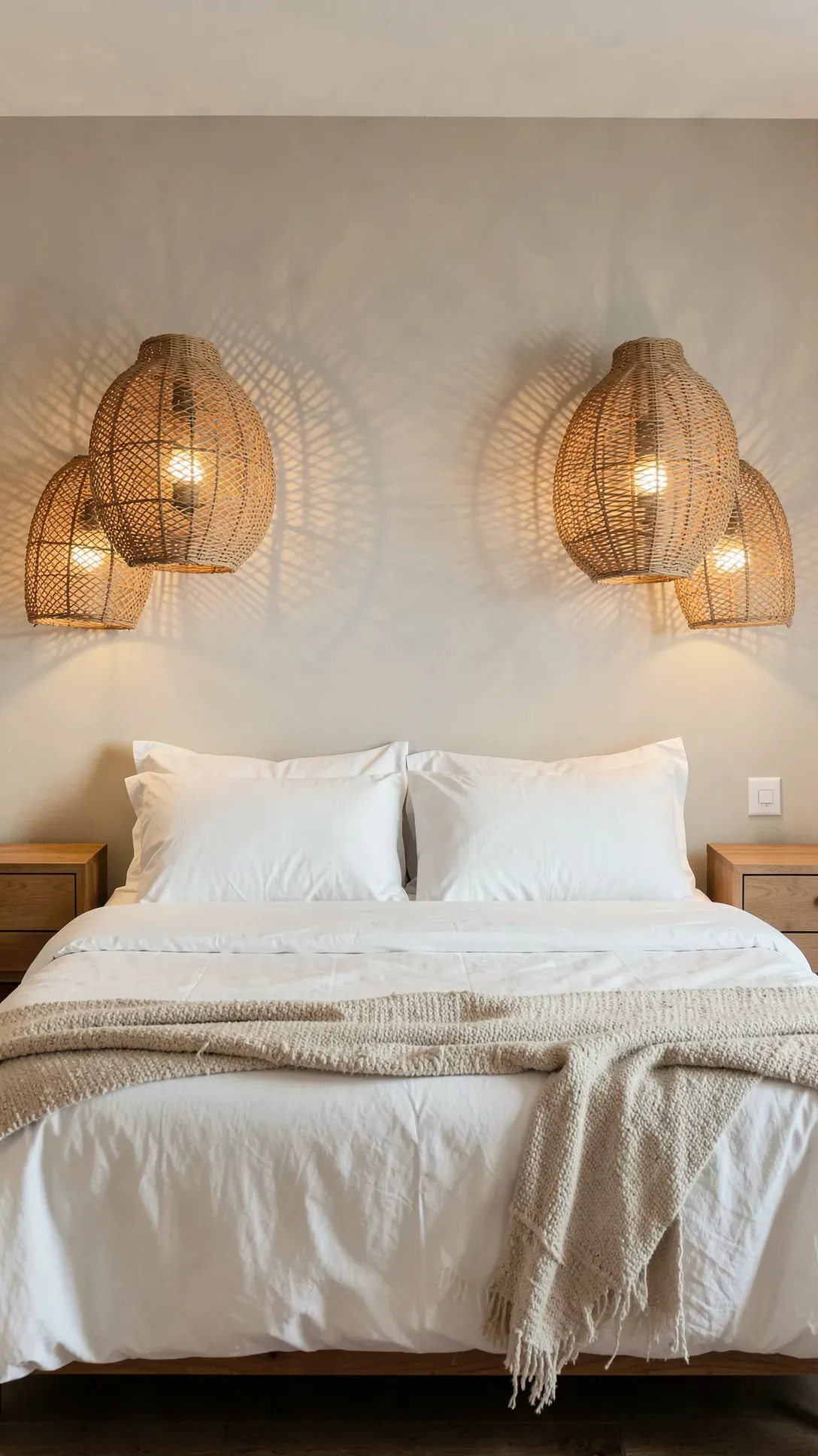 Two large rattan sconces mounted symmetrically on a bedroom wall, casting warm patterned shadows.