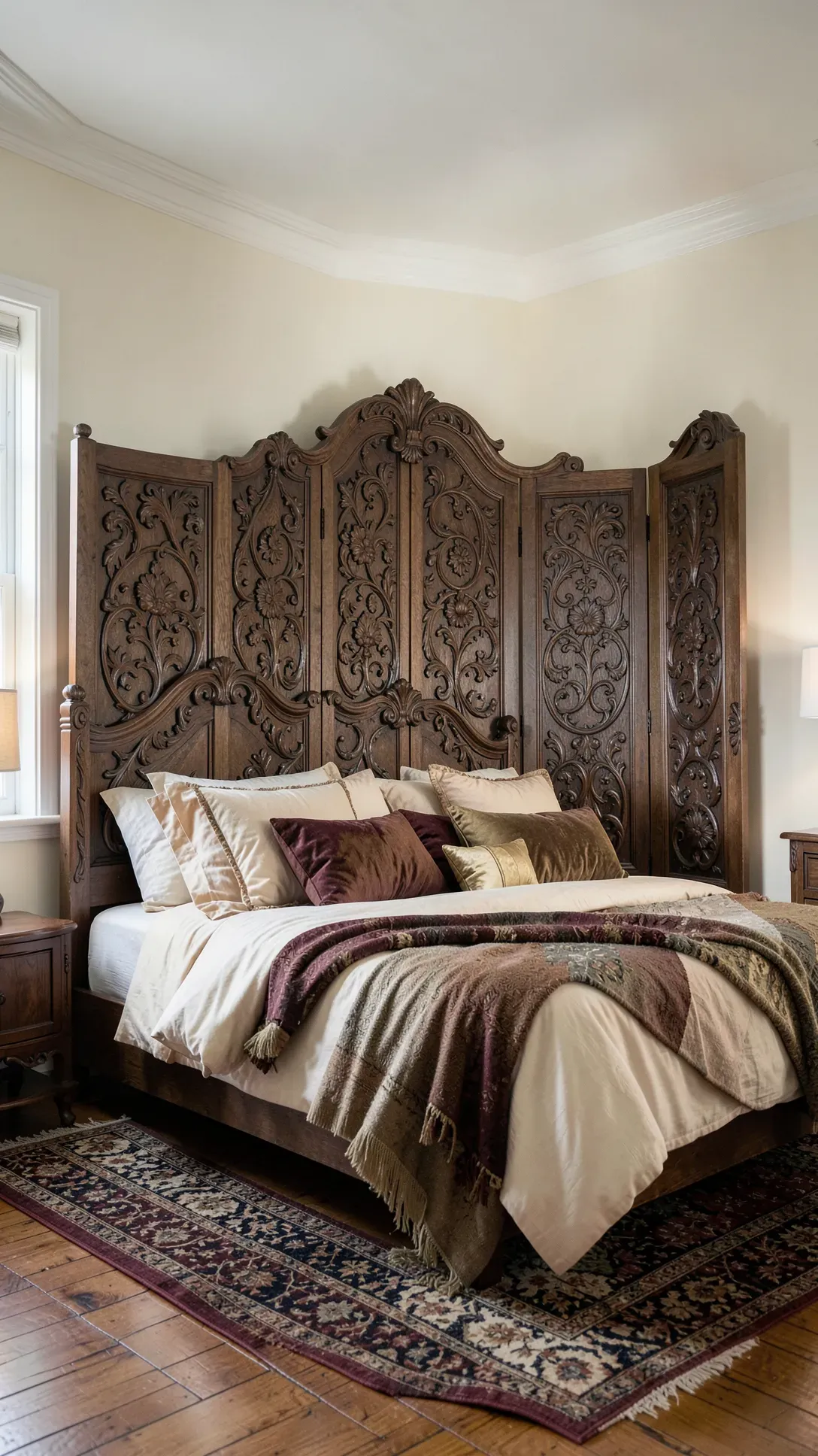 An antique three-panel carved wood screen used as a decorative backdrop behind a bed.